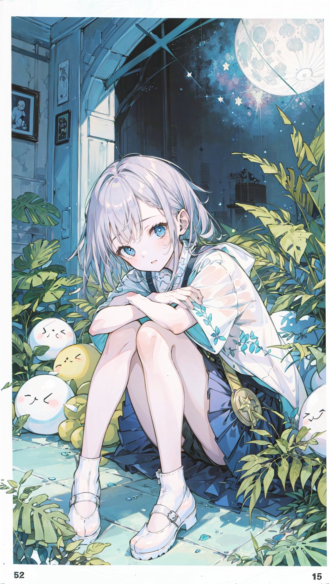 (masterpiece:1.2), (best quality:1.3), (ultra-detailed:1.2), (illustration:1.2), (Cinematic Lighting), star, moon, \n（(1girl)), loli, full body, sitting, fetal position, \nbubble, fantastic, plant, girl in star