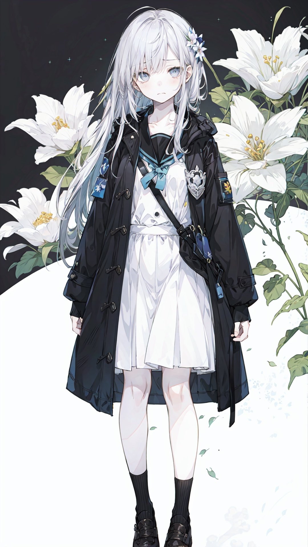 (1girl:0.6), thin, very long hair, black and grey hair, grey eyes, (detailed eyes), small breasts, black coat, white lining, white skirt, socks, closed mouth, (sad), star, Bow head, white flower, (black background), masterpiece, best quality, official art, extremely detailed CG unity 8k wallpaper, cozy anime