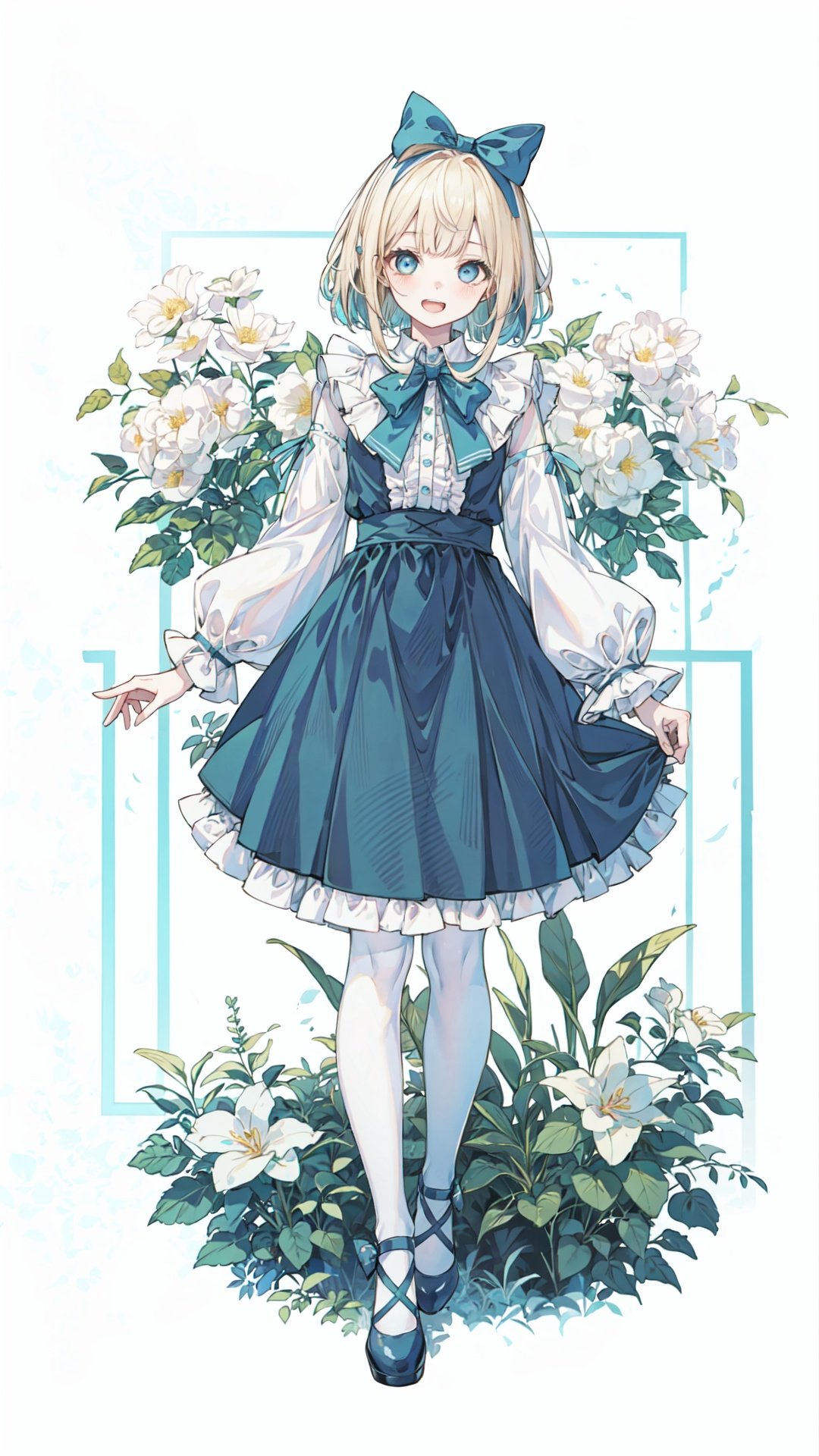 masterpiece, best quality, best quality, Amazing, beautiful detailed , The morning of green courtyard with flourishing flowers and plants in spring, eyes, 1girl, finely detail, Depth of field, extremely detailed CG unity 8k wallpaper, full body, (alice), alice in wonderland, Blond Hair, Blue hair band, cowboy shot , hiten_1, smile, game_cg, strong rim light, {close-up}, blunt_bangs, ((( full body))), (floating hair), (looking_at_viewer), open mouth, (looking_at_viewer), open mouth, blue eyes, Blonde_hair, Beautiful eyes, gradient hair, ((white_frilled_dress)), ((white pantyhose)), (long sleeves), (juliet_sleeves), (puffy sleeves), white hair bow, Skirt pleats, blue dress bow, blue_large_bow, (((stading))), sleeves past wrists, sleeves past fingers