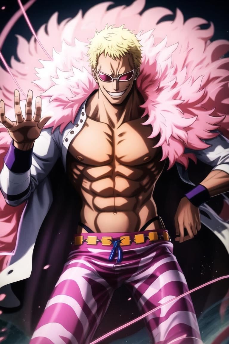 1boy, doflamingo, boa_coat, action_pose, string, smile, sunglasses, teeth  <lora:Doflamingo:0.7>