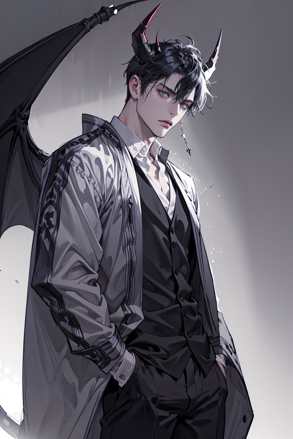 (sketch:1.3), broad line, anime boy, black hair, cowboy shot, pants, robe, demon king, black horns, stoic, mystical, closed mouth, expressionless, monotone, gray scale