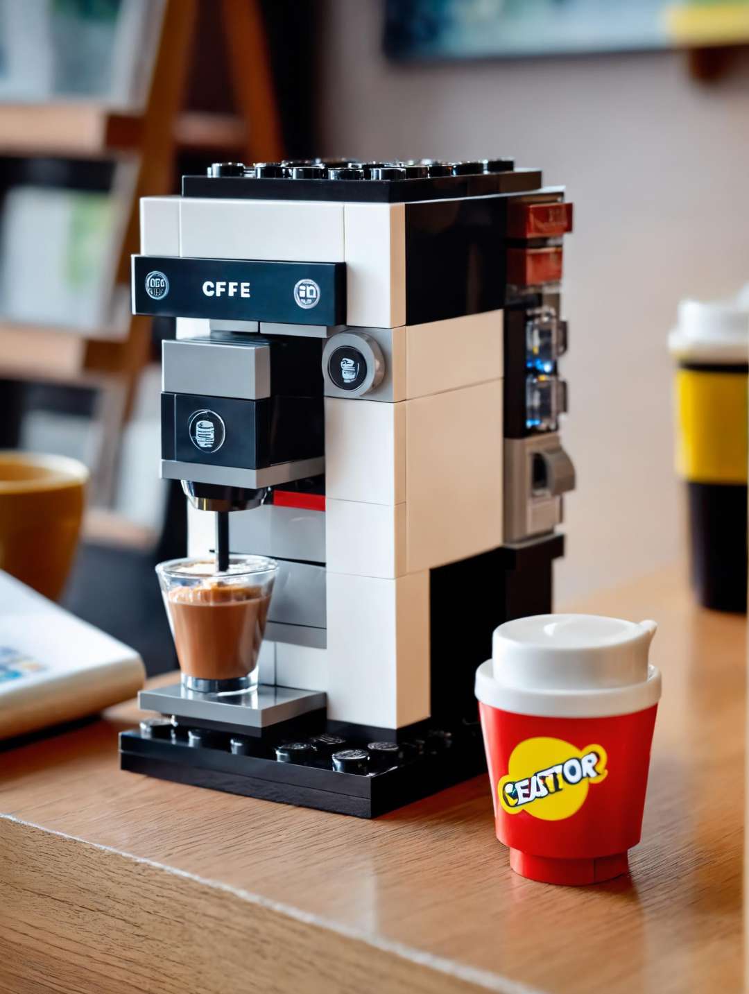 <lora:lego_v2.0_XL_32:0.8>LEGO Creator, a coffee machine in cafe