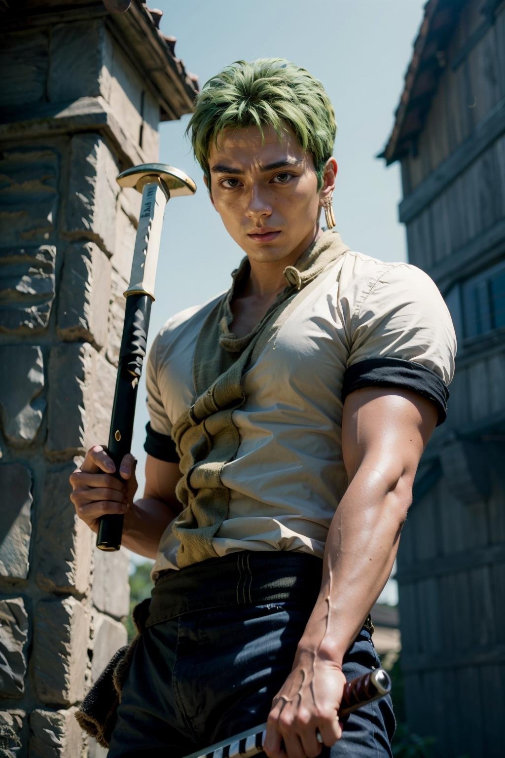 mackenyu, zoro, a man with green hair holding a sword <lora:mackenyu:1>