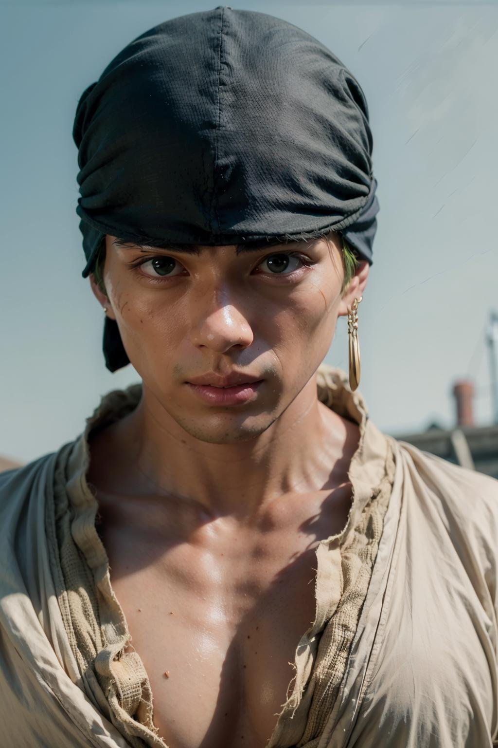 mackenyu, zoro, a man wearing a bandana, black hat <lora:mackenyu:1>