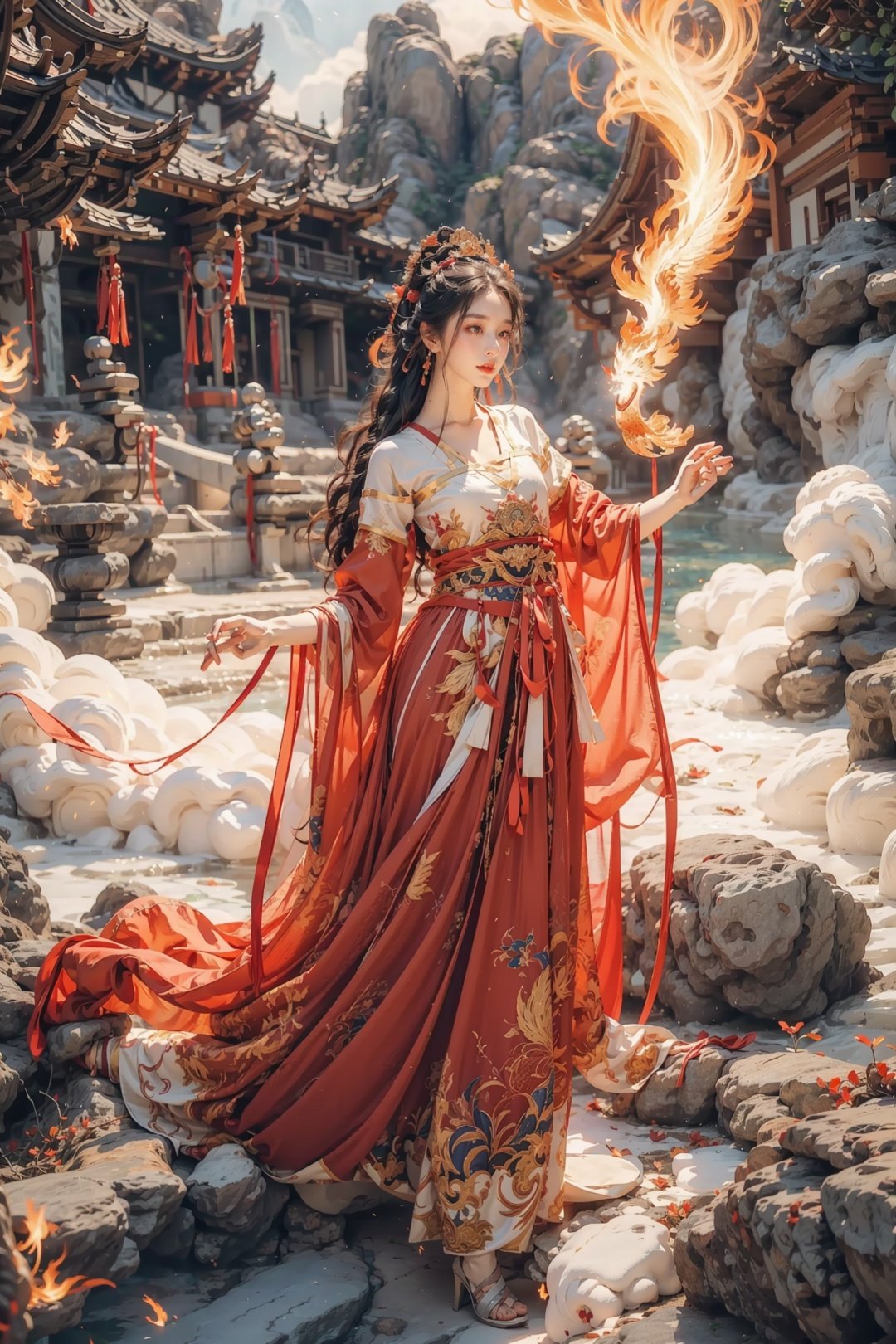 ,full_body,red lips,real skin, Tall figure, with rich details, (((masterpiece))), best quality, Correct scale, ultimate detail, illustrations, ultra high definition, 8k resolution, best image quality, high detail, Blademancer, full_body, one_leg_up,cloud,qzjulingqianjiang,guofeng,swordsman,shidudou,1 girl,Blademancer,jingliu, a  flaming phoenix behind, red dress dress, hold a fire in hand,fire,yuhuoshu