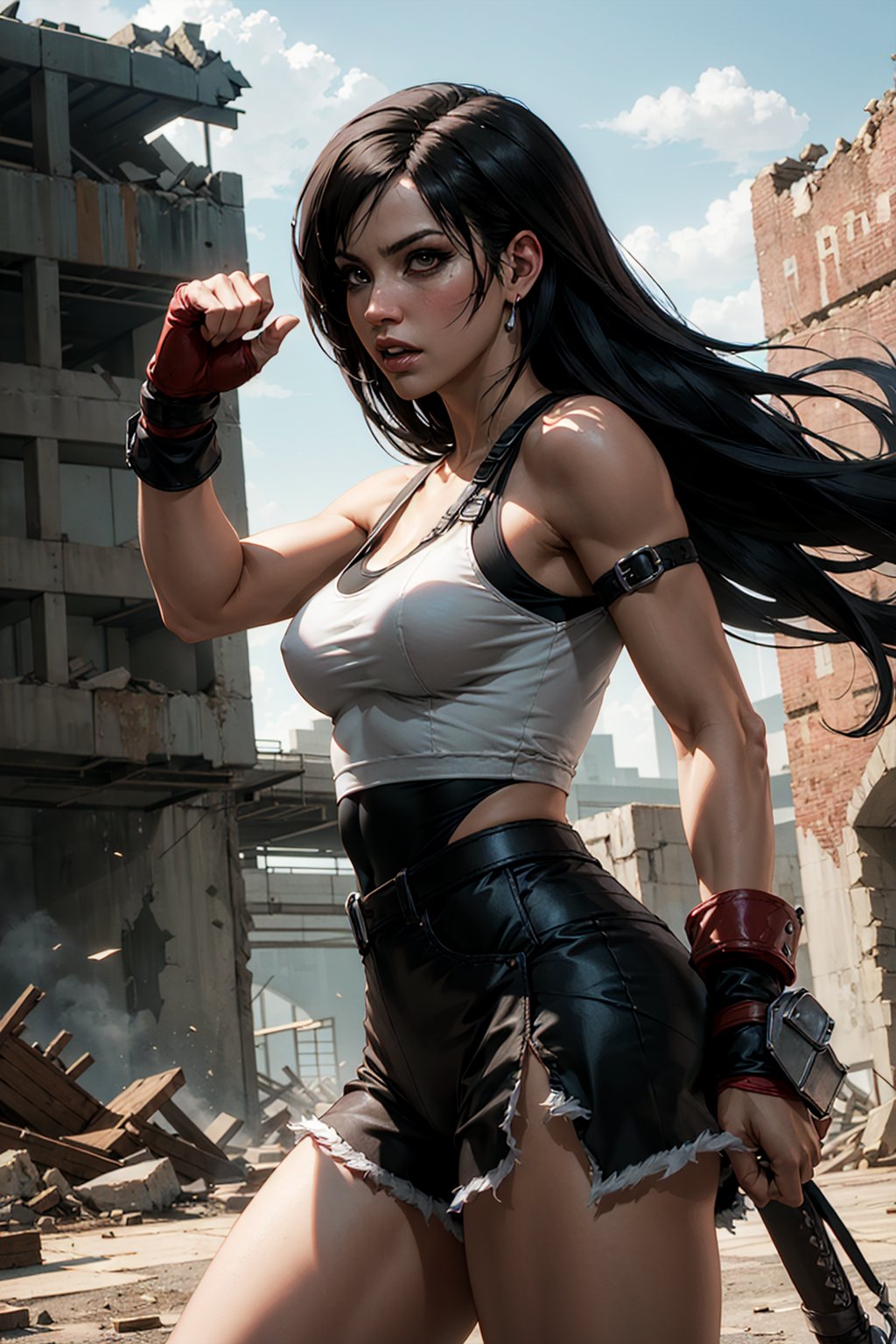 cowboy shot of tifa lockhart,  fight pose,  final fantasy,  ruins background