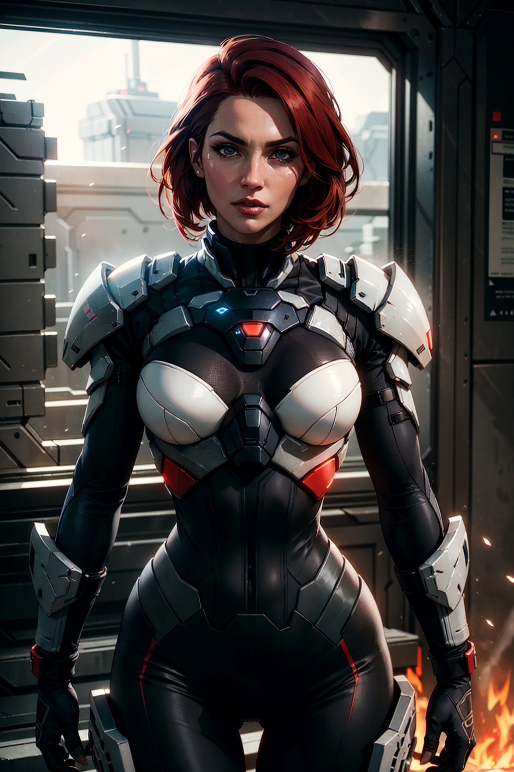 cowboy shot of commander shepherd,  weapon on back,  medium Breast,  red hair,  mass effect,  cinematic