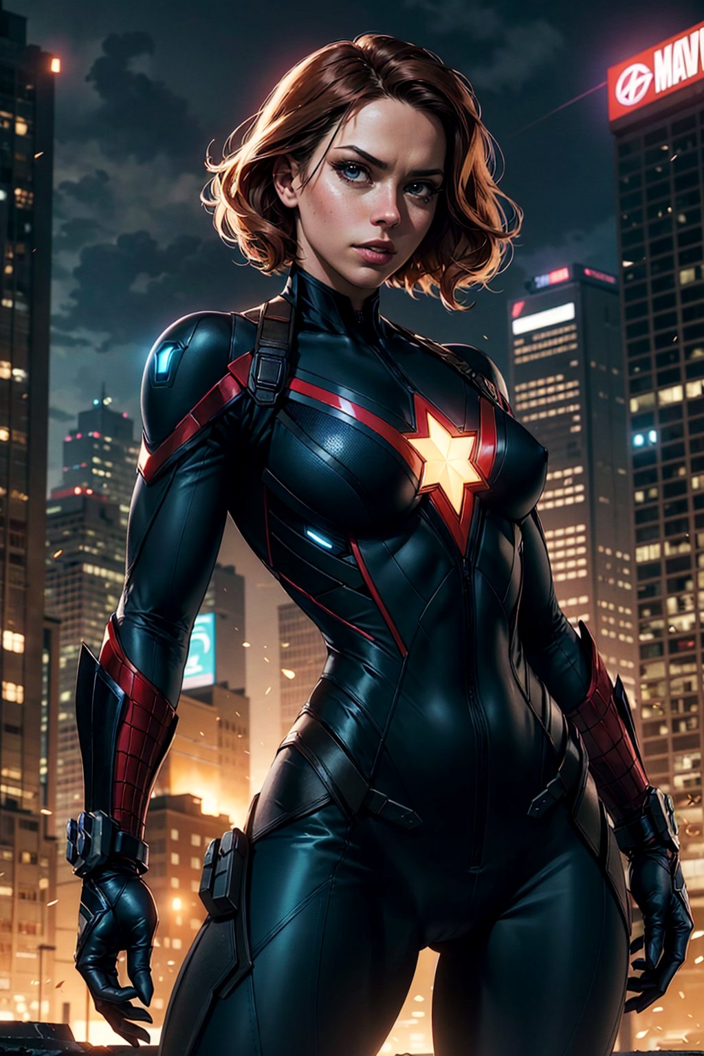 cowboy shot of black widow,  black bodysuit,  combat suit,  electric hands,  Marvel Avengers,  cinematic background