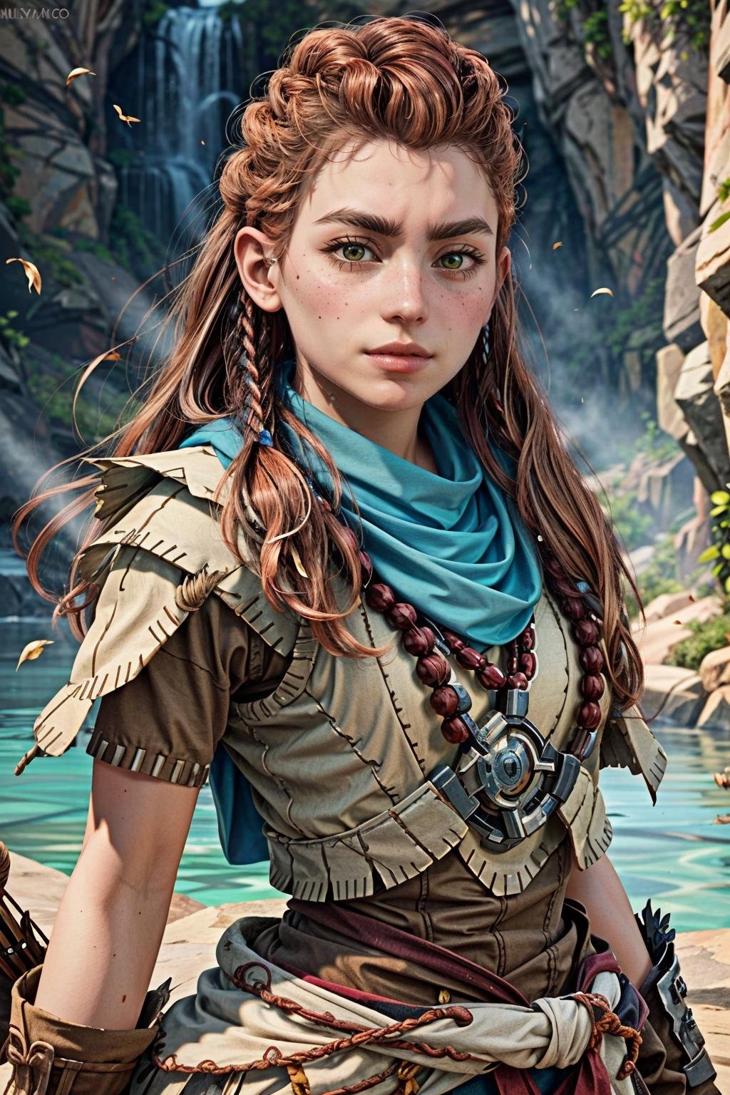 (masterpiece, best quality)1girl, AloyHorizon, solo, long hair, brown hair, hair ornament, brown eyes, closed mouth, green eyes, upper body, braid, red hair, scarf, armor, lips, looking to the side, thick eyebrows, freckles, realistic, nose, blue scarf, tribal, multiple braids<lora:epi_noiseoffset2:1>  <lora:add_detail:0.7>  <lora:AloyHorizon:0.8>