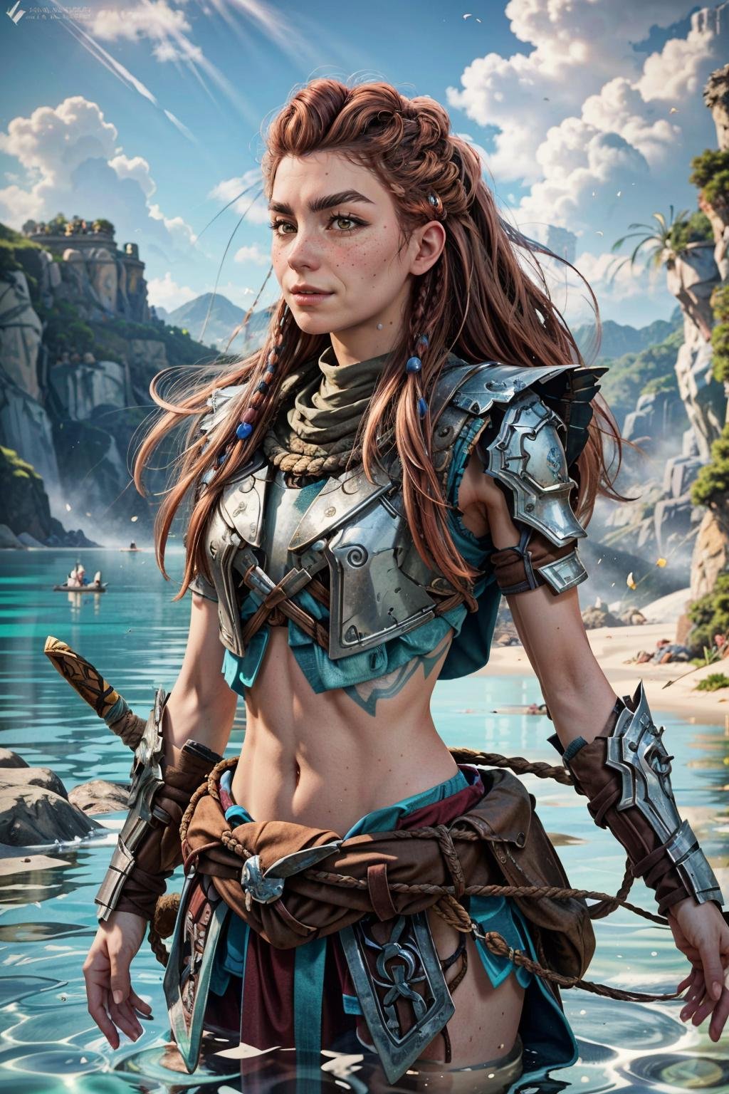 (masterpiece, best quality)1girl, AloyHorizon, solo, long hair, smile, brown hair, hair ornament, navel, brown eyes, weapon, braid, outdoors, parted lips, sky, day, midriff, sword, cloud, red hair, water, from behind, armor, blue sky, lips, looking to the side, tattoo, ocean, looking away, thick eyebrows, shoulder armor, sheath, rope, freckles, hand in own hair, rock, realistic, nose, dreadlocks<lora:epi_noiseoffset2:1>  <lora:add_detail:0.7>  <lora:AloyHorizon:0.8>