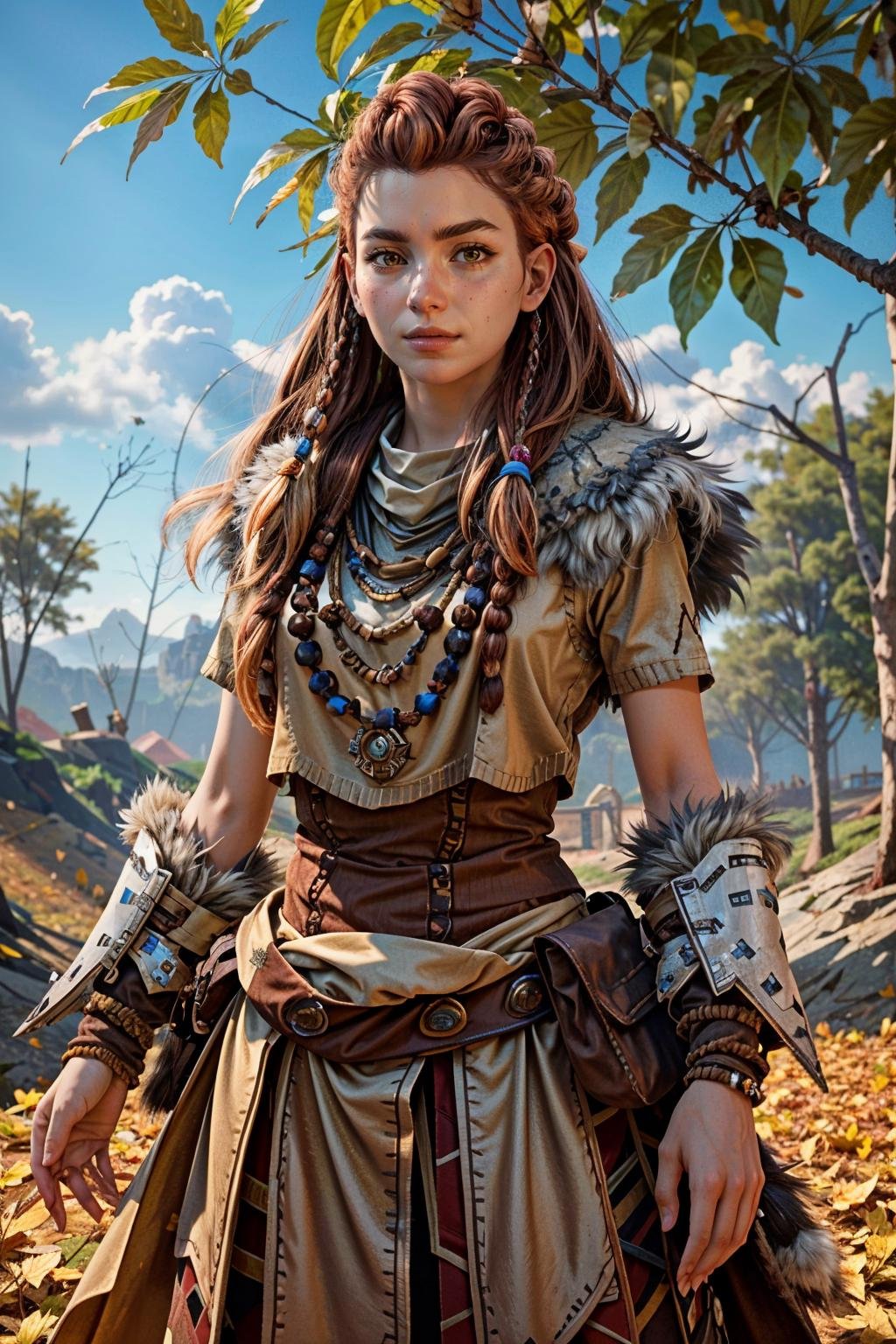 (masterpiece, best quality)1girl, AloyHorizon, solo, long hair, brown hair, brown eyes, jewelry, closed mouth, standing, upper body, weapon, braid, cowboy shot, outdoors, sky, red hair, day, necklace, tree, blue sky, lips, looking to the side, fur trim, leaf, feathers, realistic, nose, branch, autumn leaves, tribal, multiple braids<lora:epi_noiseoffset2:1>  <lora:add_detail:0.7>  <lora:AloyHorizon:0.8>