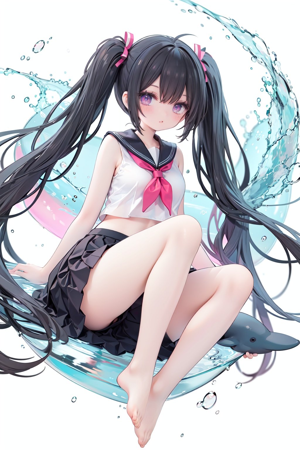 masterpiece, ((best quality)), (ultra-detailed), (illustration), an extremely delicate and beautiful, dynamic angle, chromatic aberration,((Medium shot)), ((colorful)),1girl, long hair, solo, skirt, black hair, barefoot, very long hair, black skirt, school uniform, shirt, white shirt, serafuku, looking at viewer, pleated skirt, bare legs, sitting, neckerchief, floating hair, navel, midriff, sailor collar, crop top, purple eyes, bangs, sleeveless, water, closed mouth, whale, full body, dolphin, twintails, reflection, black sailor collar, miniskirt