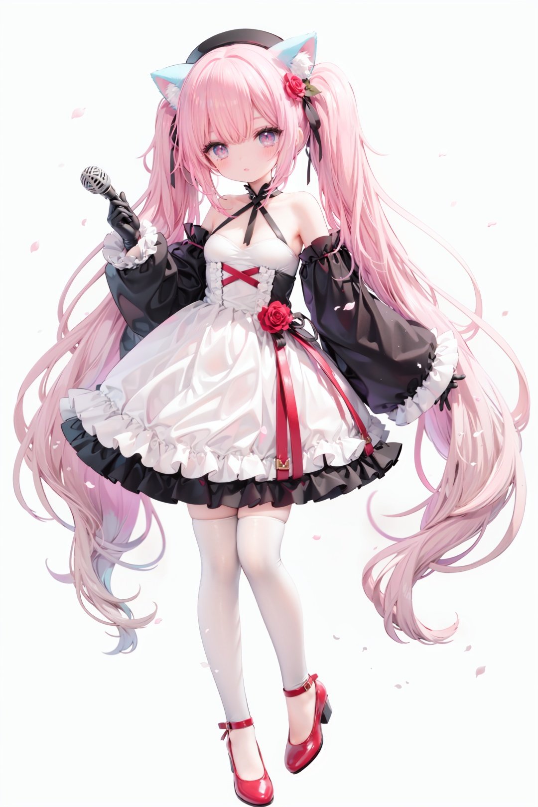 masterpiece, ((best quality)),  dynamic angle, chromatic aberration, ((colorful)),1girl, solo, flower, thighhighs, white thighhighs, gloves, red footwear, long hair, detached sleeves, animal ears, rose, blonde hair, looking at viewer, full body, hat, high heels, petals, dress, standing, twintails, wide sleeves, holding, shoes, frills, red flower, cat ears, bangs, microphone, long sleeves, white flower, hair ornament, white gloves, zettai ryouiki, bare shoulders, pink eyes, frilled dress, small breasts, breasts, closed mouth, skirt, beret, white headwear, very long hair, red eyes, red rose, white dress, blush, ribbon, black gloves, animal ear fluff, hair flower, pink flower