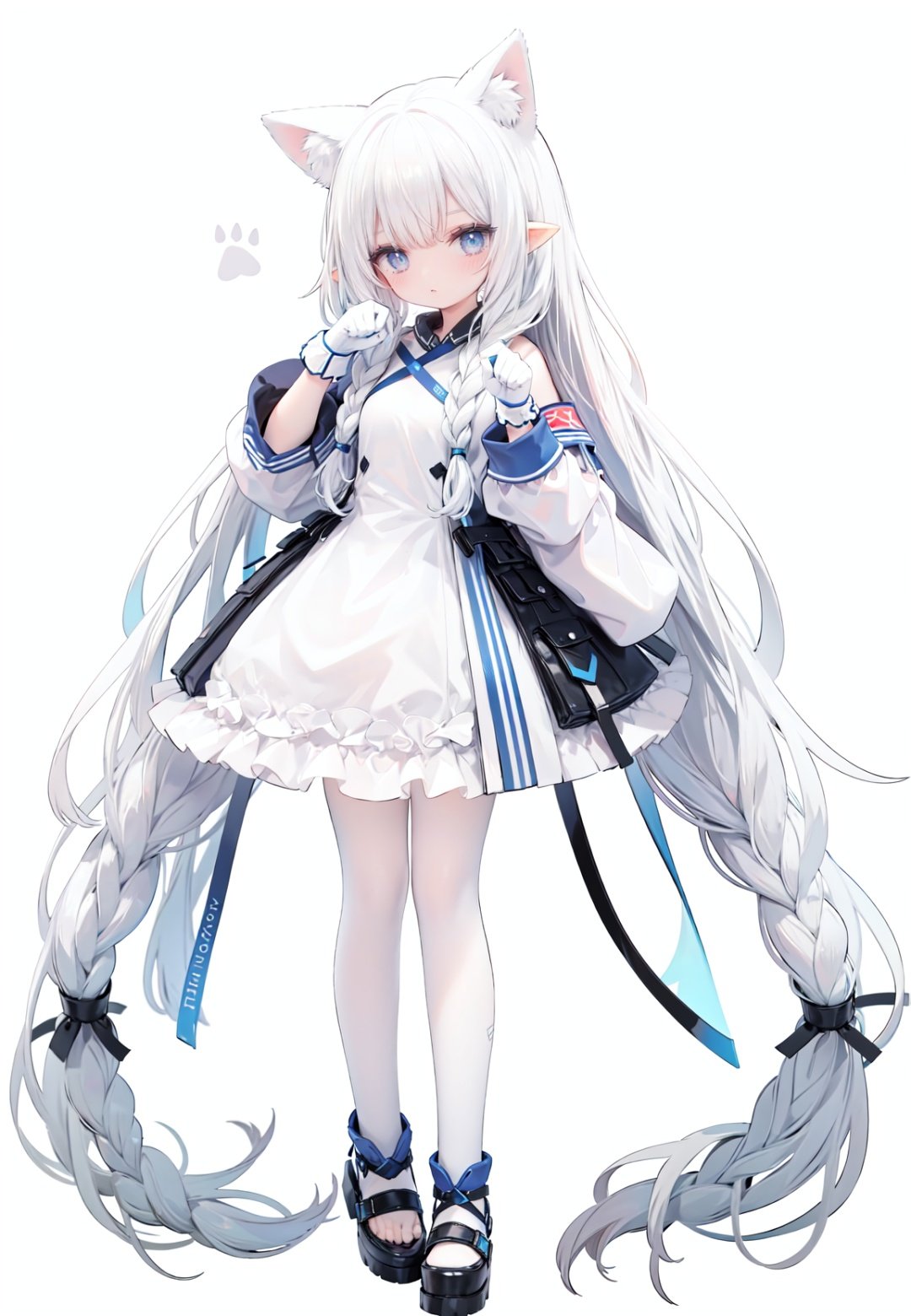 1girl, white_gloves, braid, full_body, gloves, long_hair, official_alternate_costume, pointy_ears, simple_background, solo, standing, very_long_hair, white_background,white hair,blue eyes,paw claw pose, open_mouth,