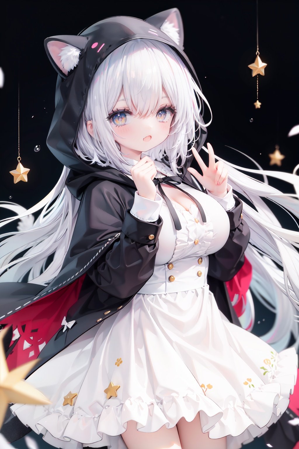 masterpiece, ((best quality)),  dynamic angle, chromatic aberration, ((colorful)),1girl, solo, hood, animal hood, breasts, frills, smile, hood up, yellow eyes, capelet, hair between eyes, blush, dress, long sleeves, looking at viewer, animal ears, large breasts, black ribbon, bangs, puffy long sleeves, :d, frilled dress, hand up, open mouth, white dress, puffy sleeves, hooded capelet, virtual *******r, frilled capelet, fang, white capelet, star (symbol)