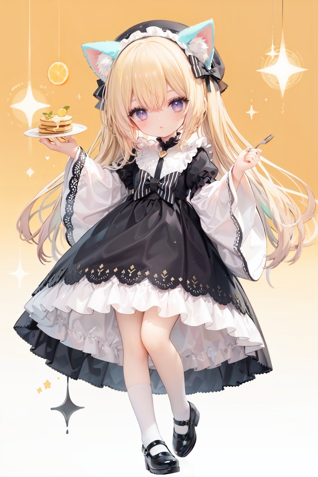 (cinematic lighting),  dreamy atmosphere,  Ray tracing,  (((solo))),  (loli:1.5),  (child:1.5),  (petite:1.5),  green eyes,  (animal ears),  dress,  solo,  food,  blonde hair,  open mouth,  long hair,  pancake,  flower,  holding,  bow,  smile,  fork,  bird,  socks,  looking at viewer,  shoes,  striped background,  holding fork,  bonnet,  striped,  frills,  long sleeves,  :d,  yellow dress,  bangs,  eyebrows visible through hair,  blush,  green nails,  hair bow,  nail polish,  diagonal stripes,  chick,  sparkle,  frilled dress,  orange bow,  fruit,  full body,  :3,  hair between eyes,  green bow,  puffy sleeves,  heart,  lemon,  orange footwear,  animal ear fluff,  white bow,  cat ears,  bobby socks,  orange headwear,  see-through sleeves,  blue background,  striped bow,  hair ornament,  white legwear,  mary janes