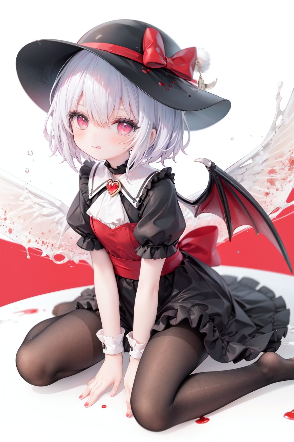 (little girl:1.4), (child:1.4),(petite:1.4), (loli:1.4),,,((solo:1.3)).,1girl, solo, wings, red eyes, hat, remilia scarlet, red background, mob cap, bat wings, ascot, blood, short sleeves, bow, short hair, ribbon, blood on hands, looking at viewer, simple background, full body, puffy sleeves, hat ribbon, blood on face, dress, brooch, red nails, pantyhose, red bow, puffy short sleeves, smile, black pantyhose, wrist cuffs, red ribbon, sitting, jewelry, red ascot, frills, hair between eyes, skirt, white dress, fingernails, sash, shirt, nail polish, no shoes, red theme, sharp fingernails, bangs, tongue, hat bow, grey hair, closed mouth, tongue out, white headwear, slit pupils, blood on clothes, skirt set, hand up, frilled sleeves, invisible chair, white skirt, vampire, frilled shirt collar/.,\nSolo,Battle, {{{{{Slash}}}}},Killing,Attacker,{{Fierce movement}},Ninja,Bloodstain,Core shadow,splatter,{Blood},{{{{Battle scene}}}},angry,Intricate,,{{{Dynamic angle}}},{Stylish pose},{High contrast,Extremely detailed CG unity 8K wallpaper} Sense of movement,blurry background,Kaotic,Lunatic,[[[[[hyper paint, rough design, flat color]]]]],Grin,Whole body,Colorful background,Intricate,Girl wearing black suit,Looking at viewers,{{Stylish}},Persona 5 style art,{{{all out attack(persona 5)}}}