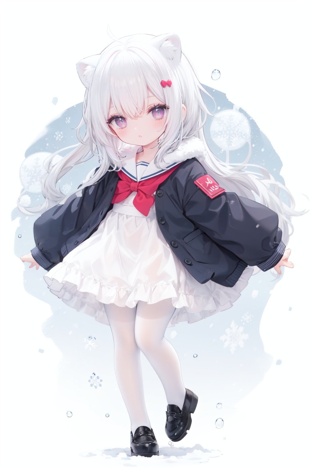 cute,Infant,solo blue shirt,blue sailor coat,loli,full body,white hair,snow leopard ear,white background,pink eyes,laugh,happy,white pantihose,white pantyhose,red armband,