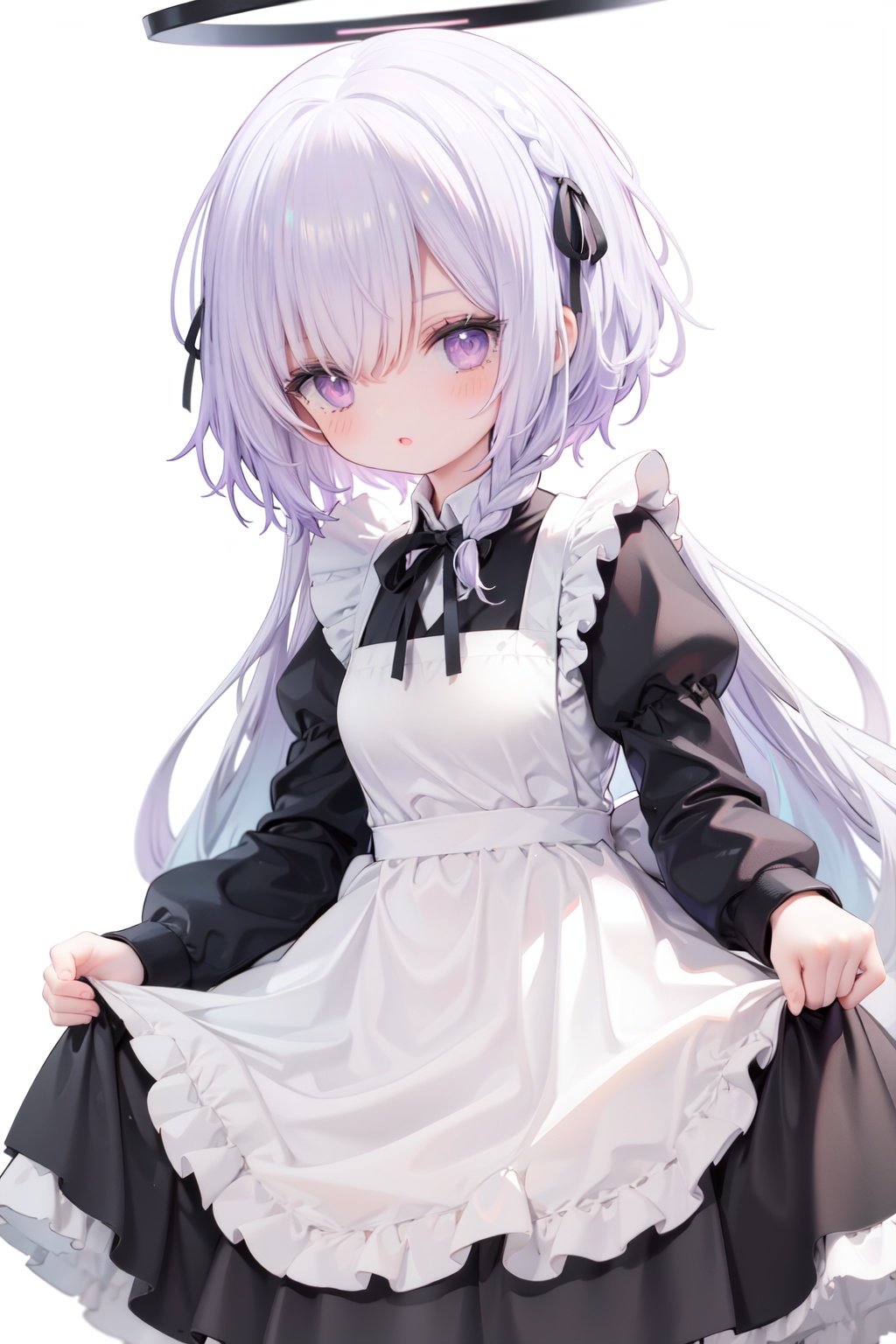 1girl,  solo,  apron,  long hair,  hair over one eye,  white background,  frills,  braid,  halo,  long sleeves,  dress,  simple background,  white hair,  white apron,  puffy sleeves,  very long hair,  frilled apron,  maid,  purple eyes,  ribbon,  parted lips,  maid apron,  bangs,  juliet sleeves,  black dress,  neck ribbon,  looking at viewer,  single braid,  blush