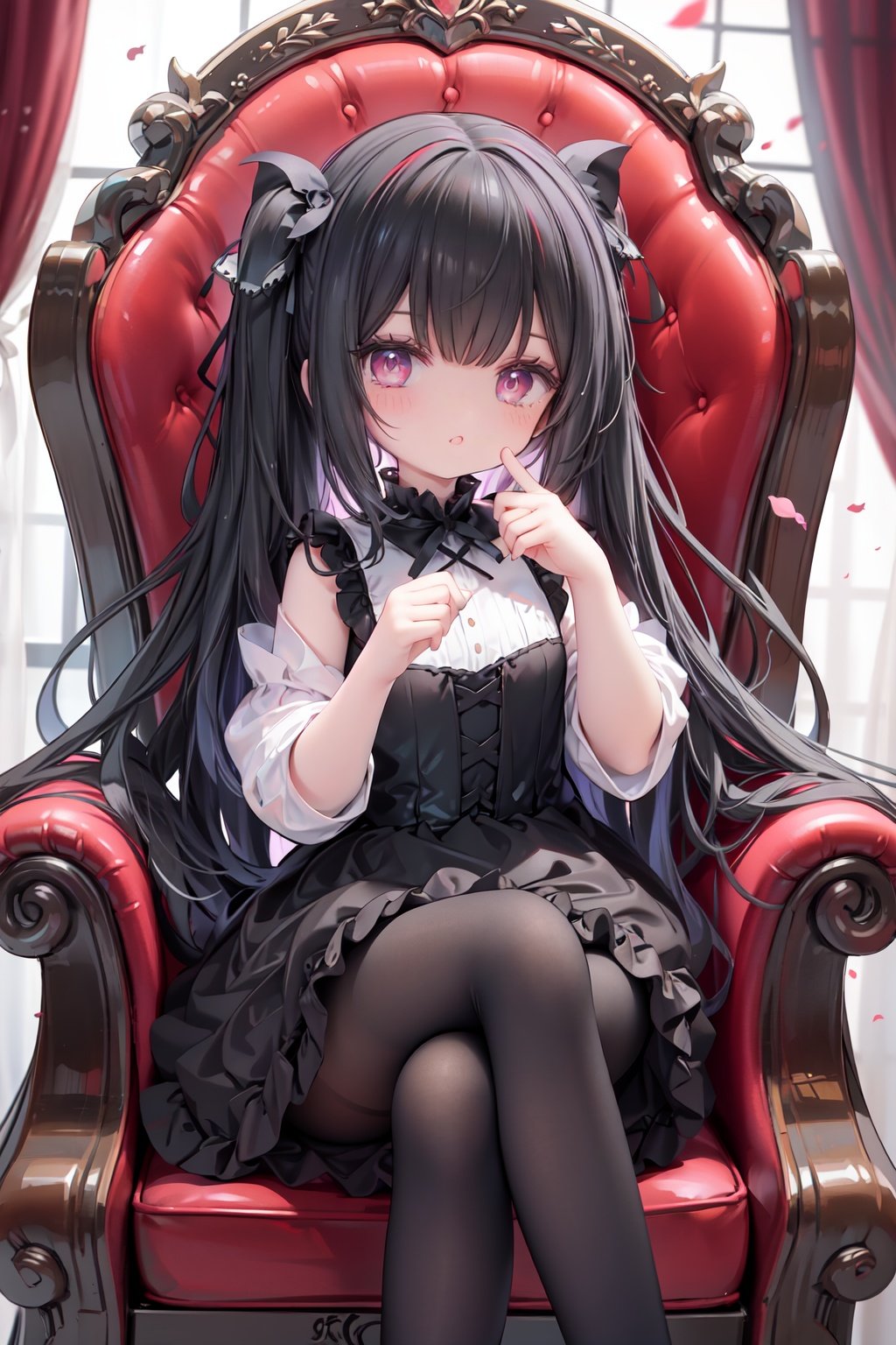 masterpiece, ((best quality)), (ultra-detailed), (illustration), an extremely delicate and beautiful girl, dynamic angle, chromatic aberration, ((colorful)),//,1girls,loli,(petite child:1.1),//,(in Gothic castle),girl with black hair,red eyes,Vertical pupil,long hair,hair arrangement,(Detailed face description),(batwing),(Gothic Lolita),(bat tail),alccandlestick,Cathedral glass,,short skirt,black pantyhose,red lace,high heels,rose tattoo,throne,sitting,crossed legs,//,