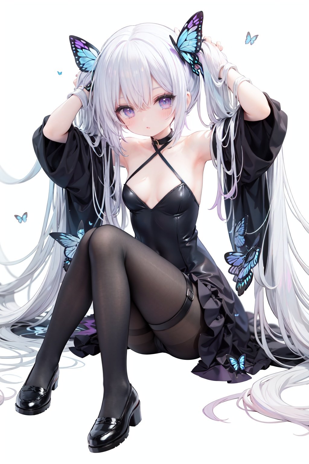 masterpiece, ((best quality)),  dynamic angle, chromatic aberration, ((colorful)),1girl, long hair, solo, very long hair, butterfly, pantyhose, bug, thigh strap, black dress, dress, looking at viewer, white hair, black footwear, blue butterfly, blue eyes, long sleeves, breasts, twintails, detached sleeves, absurdly long hair, bangs, full body, hair ornament, wide sleeves, brown pantyhose, blush, sitting, white background, butterfly hair ornament, small breasts, closed mouth, shoes, purple eyes, black pantyhose, hair between eyes, arms up, covered navel