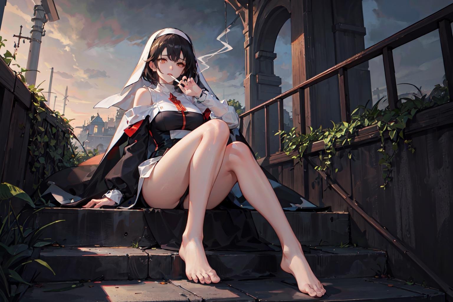 1girl, ((solo focus:1.5)), tall female, large breasts, wide hips, medium hair, hair over shoulders, disheveled hair, black hair, orange eyes, nun outfit, church background, sitting on church's stair, ((lighting up cigarette)), tired, serious, gloomy eyes, dark forest in the distance, outdoors, ((overcast)), ((dawn)), ((moody)), (breathtaking view), (beautiful view), correct body anatomy, intricate details, minute details, detailed clothing, detailed background, extremely beautiful and delicate anime face and eyes, masterpiece, best quality, intricate details, minute details, {{from the side:0.8}}, ((correct feet anatomy)), ((correct anatomy)), ((beautiful lights)),