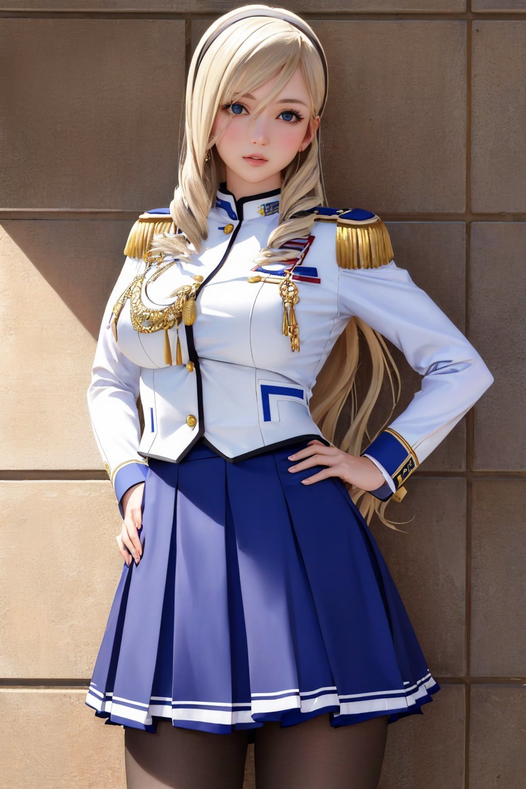 (masterpiece, best quality:1.2), <lyco:walkureromanze_aintree-12:1.0>, cowboy shot, solo, 1girl, aintree, (slight smile:0.9), looking at viewer, hand on hip, hairband, white uniform, epaulettes, blue skirt, pantyhose