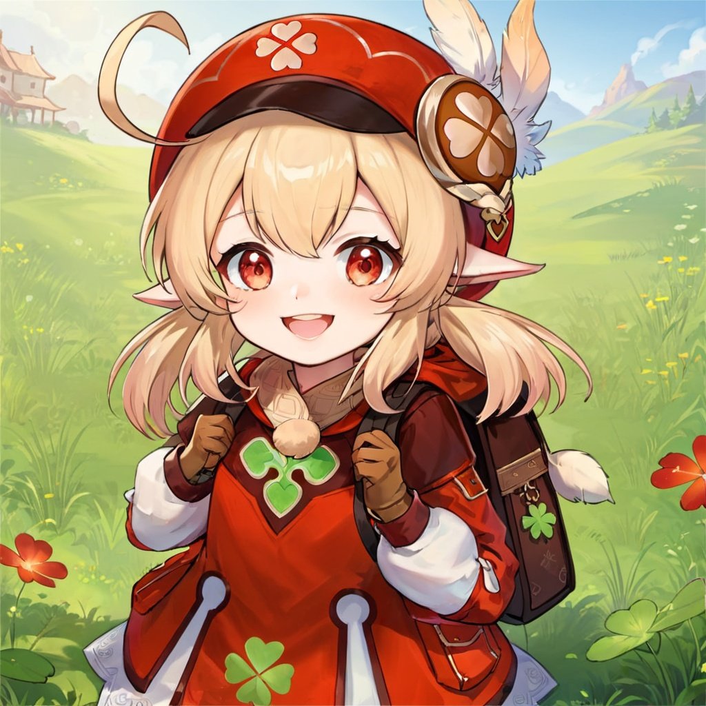 (\ke li\),Four leaf grass printing,1girl, solo, looking at viewer, smile, gloves, bangs, long sleeves, low twintails, coat, scarf, sidelocks, brown gloves, hat feather, backpack, open mouth, red headwear, 