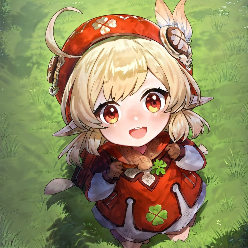 (\ke li\),Four leaf grass printing,1girl, solo, looking at viewer, smile, gloves, bangs, long sleeves, low twintails, coat, scarf, sidelocks, brown gloves, hat feather, backpack, open mouth, red headwear, from above, grass, looking up, randoseru, head tilt