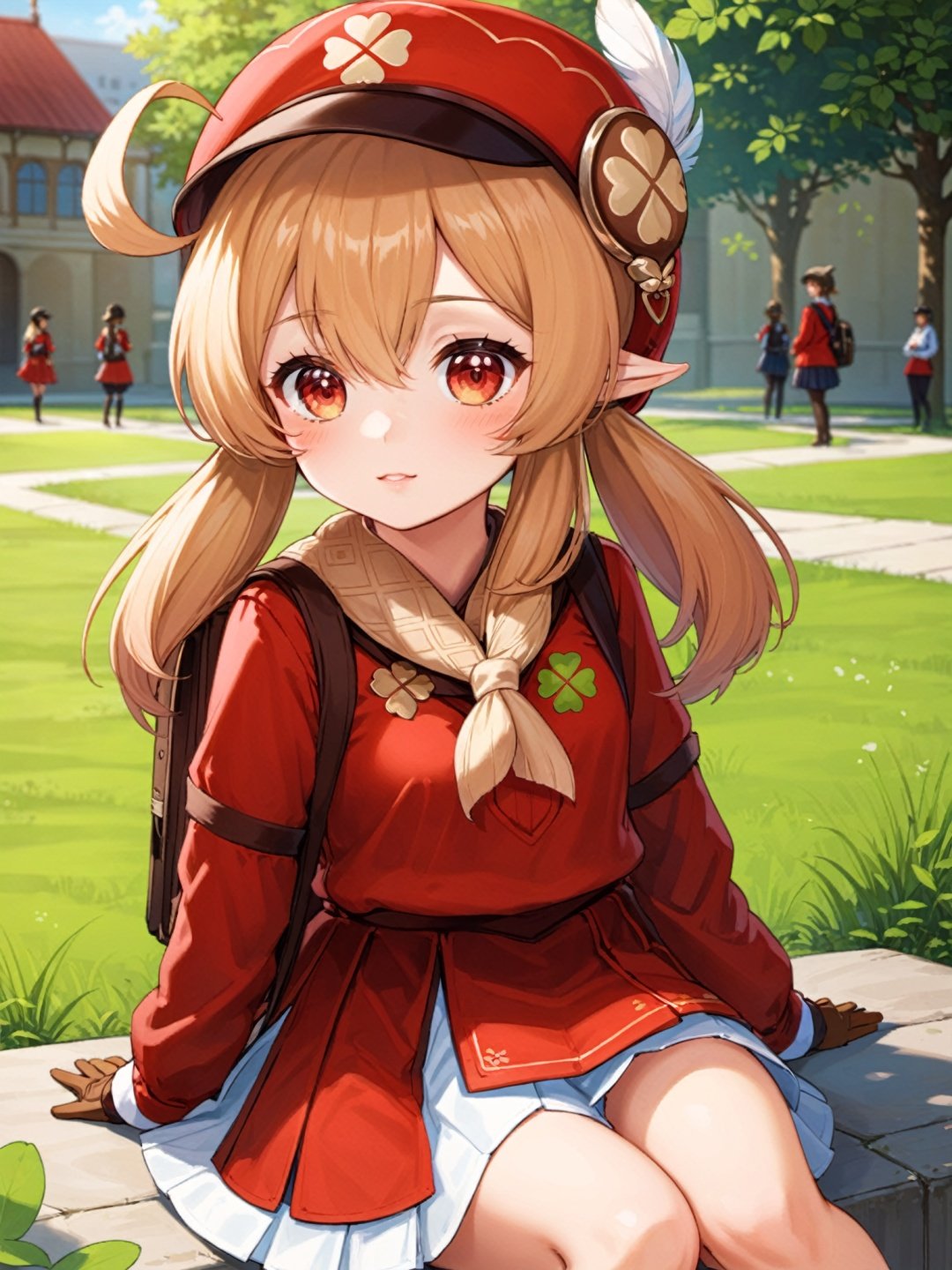 (\ke li\),Four leaf grass printing,1girl, solo, looking at viewer,gloves, bangs, long sleeves, low twintails,scarf, sidelocks, brown gloves, hat feather, backpack, open mouth, red headwear, (campus uniform:1.4),sitting,(pleated skirt:1.3)