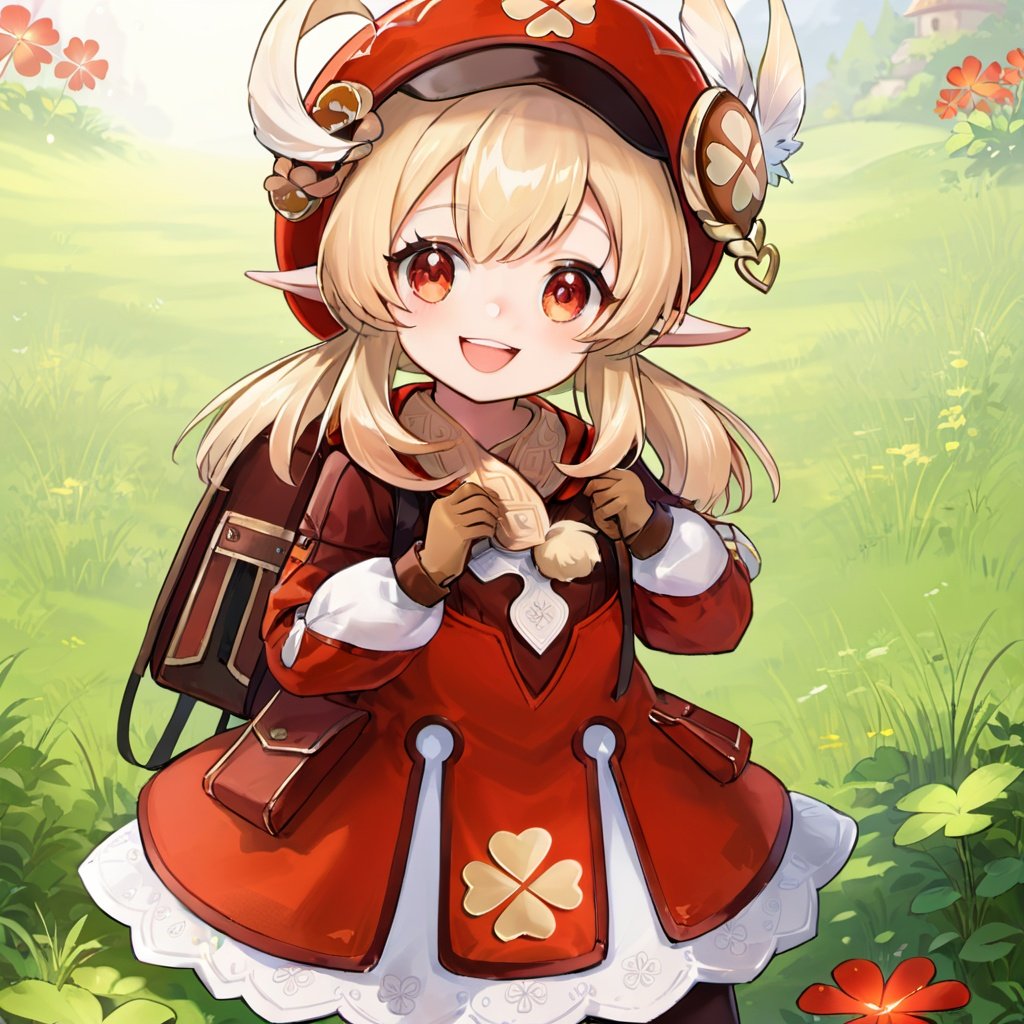 (\ke li\),Four leaf grass printing,1girl, solo, looking at viewer, smile, gloves, bangs, long sleeves, low twintails, coat, scarf, sidelocks, brown gloves, hat feather, backpack, open mouth, red headwear, 