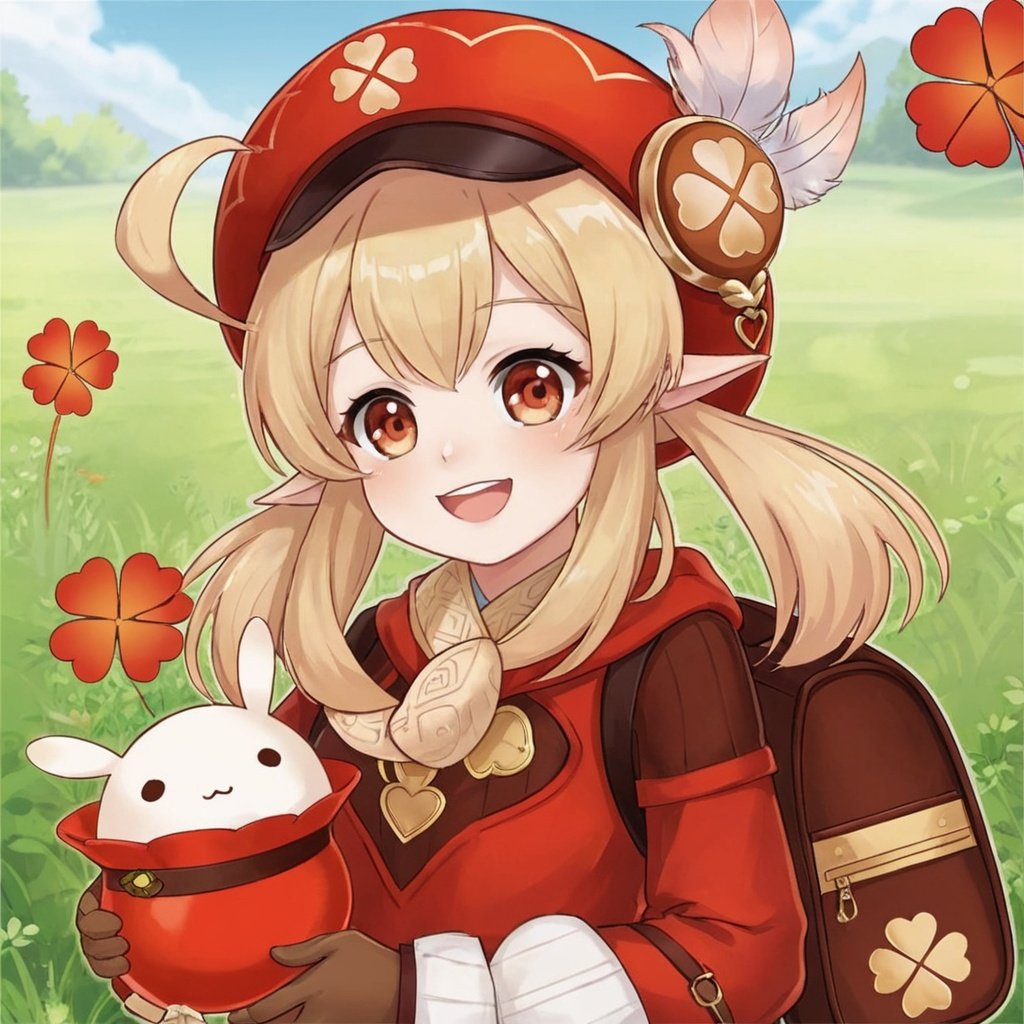 (\ke li\),Four leaf grass printing,1girl, solo, looking at viewer, smile, gloves, bangs, long sleeves, low twintails, coat, scarf, sidelocks, brown gloves, hat feather, backpack, open mouth, red headwear, ,True Love