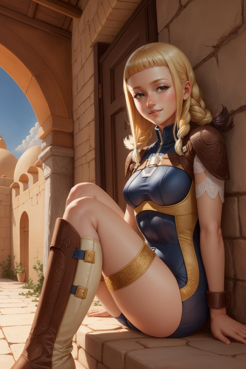 masterpiece, best quality, penelo_ff12, blue bodysuit, shoulder pads, bracers, knee boots, sitting, desert, middle eastern architecture, stone wall, smile, closed mouth <lora:penelo-nvwls-v1-000009:0.9>