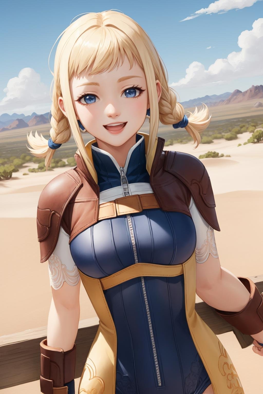 masterpiece, best quality, penelo_ff12, blue bodysuit, shoulder pads, bracers, upper body, smile, (open mouth:0.9), looking at viewer, happy, sky, desert <lora:penelo-nvwls-v1-000009:0.9>