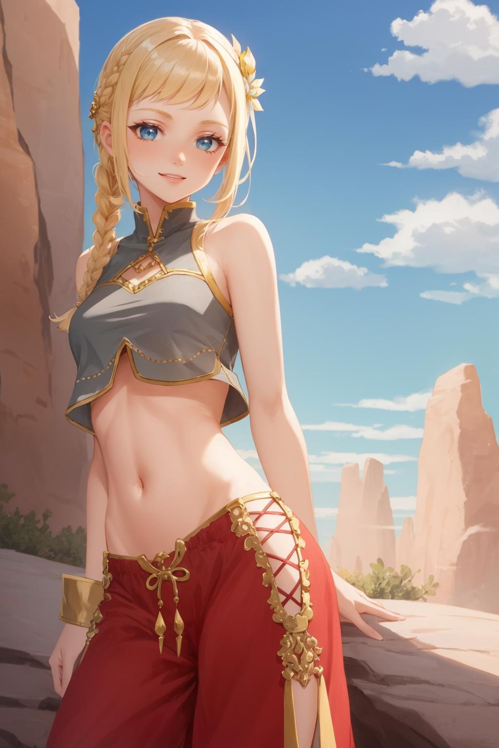 masterpiece, best quality, penelo_rev, twin braids, hair ornament, grey crop top, red pants, looking at viewer, arms behind back, sky, desert, rock formations, smile <lora:penelo-nvwls-v1-000009:0.9>