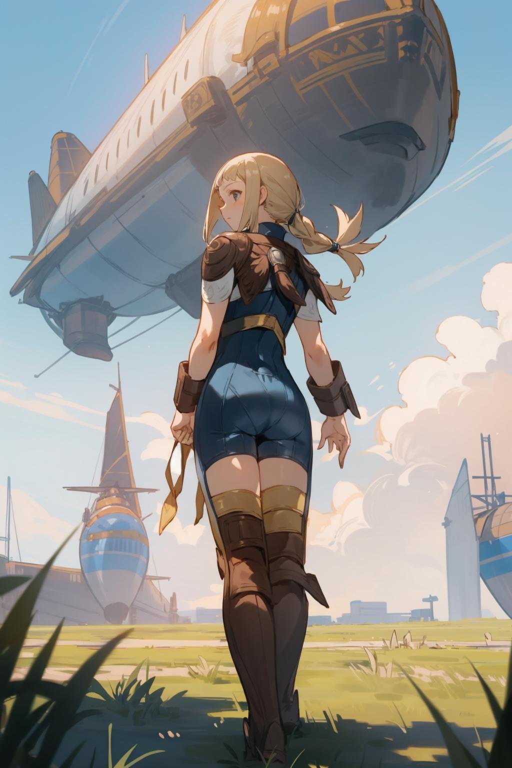 masterpiece, best quality, penelo_ff12, blue bodysuit, shoulder pads, bracers, knee boots, walking, from behind, back of head, plains, grass, looking up at airship, sky <lora:penelo-nvwls-v1-000009:0.9>