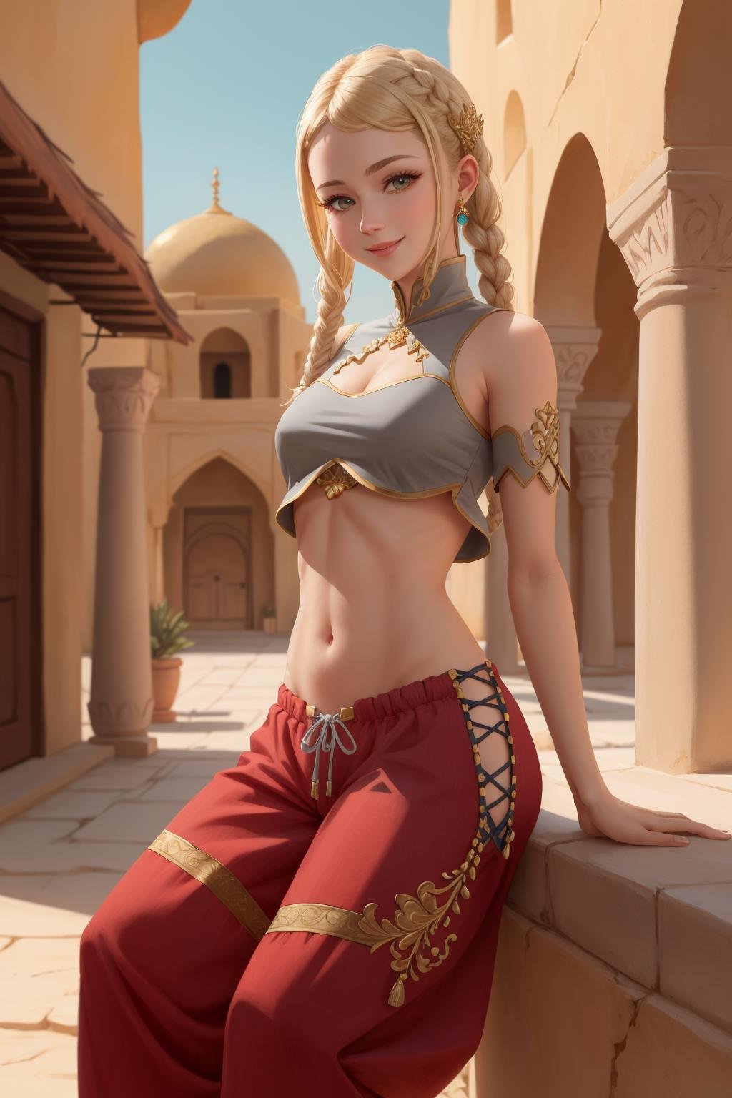 masterpiece, best quality, penelo_rev, twin braids, hair ornament, grey crop top, red pants, slippers, sitting, looking at viewer, arms behind back, sky, middle eastern architecture, smile <lora:penelo-nvwls-v1-000009:0.9>