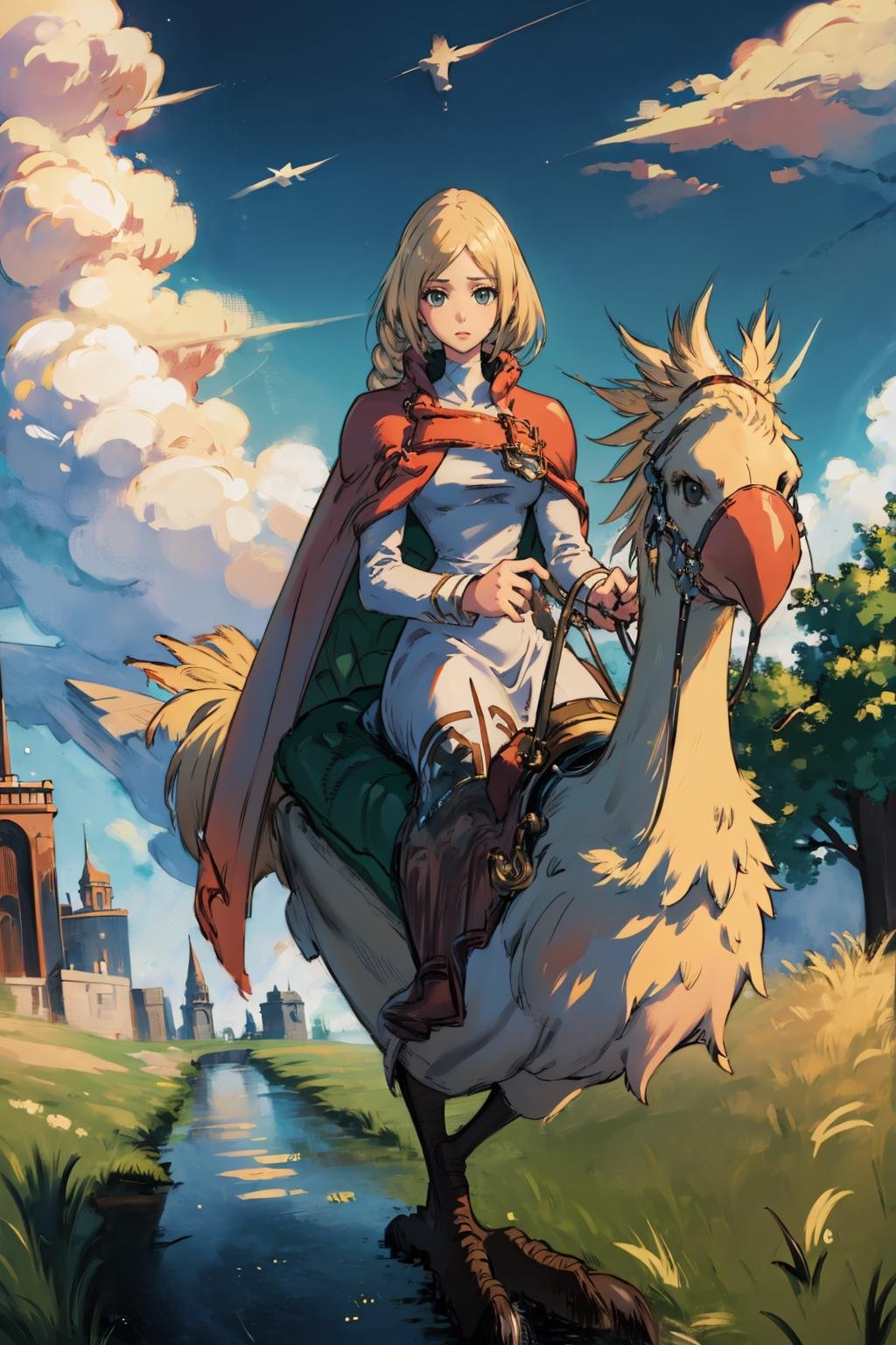 masterpiece, best quality, <lora:ovelia-nvwls-v1-000009:0.9> ovelia atkascha, red cape, white dress, boots, looking at viewer <lora:chocobo-nvwls-v1:1.2> riding chocobo, chocobo, field, sky, clouds, grey sky, rain, church, outdoors, dusk