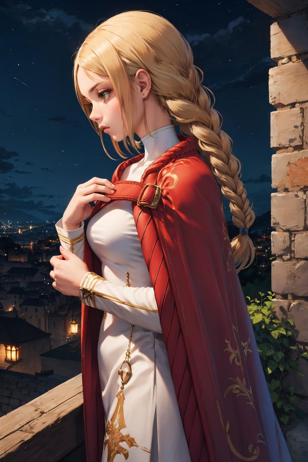 masterpiece, best quality, <lora:ovelia-nvwls-v1-000009:0.9> ovelia atkascha, twin braids, red cape, white dress, cowboy shot, from side, worried, pensive, sad, night