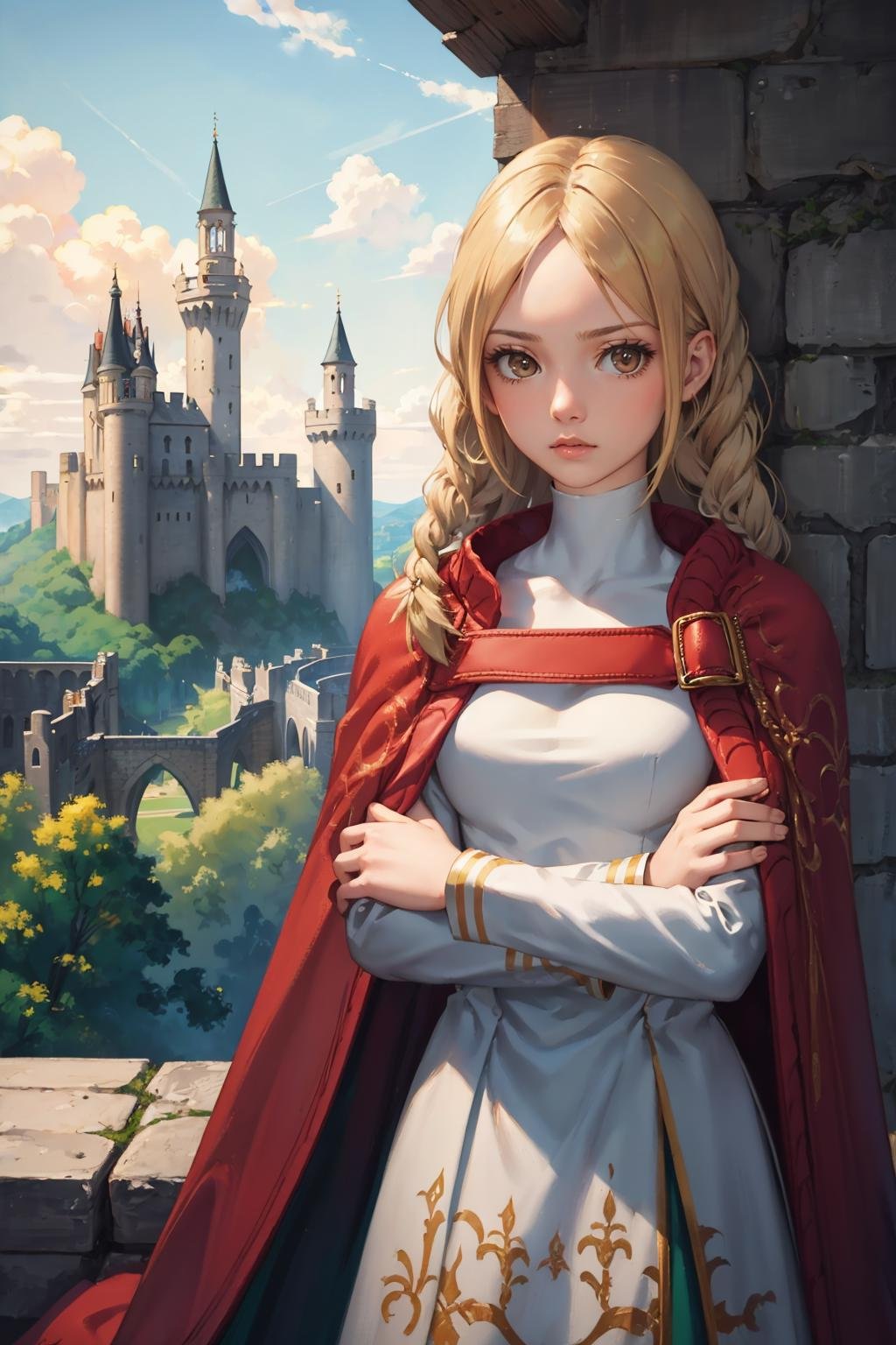 masterpiece, best quality, <lora:ovelia-nvwls-v1-000009:0.9> ovelia atkascha, twin braids, red cape, white dress, upper body, looking at viewer, serious, castle, medieval architecture, grey sky, crossed arms, looking down