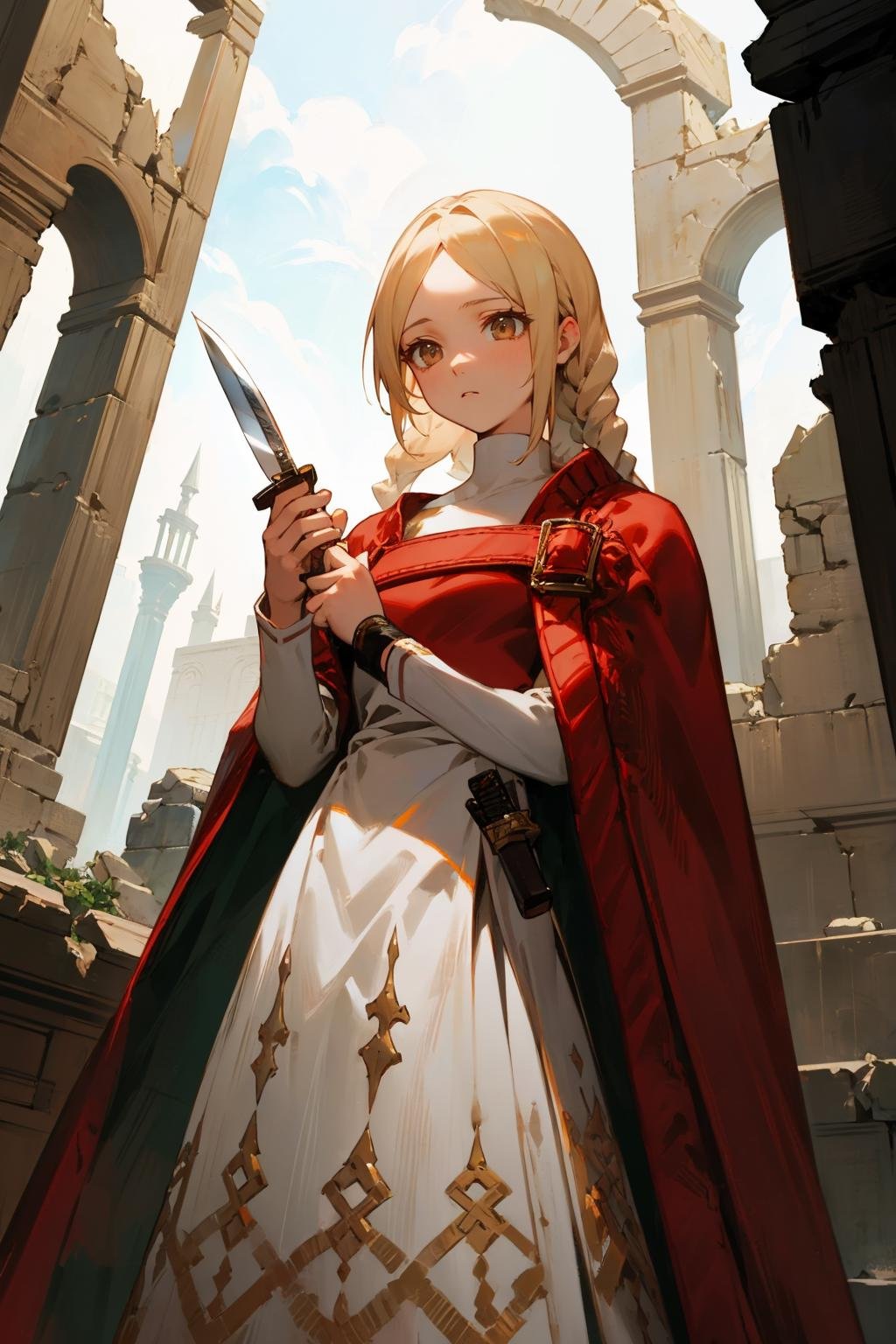 masterpiece, best quality, <lora:ovelia-nvwls-v1-000009:0.9> ovelia atkascha, twin braids, red cape, white dress, cowboy shot, ruins, knife, (holding knife:1.4), from below, expressionless