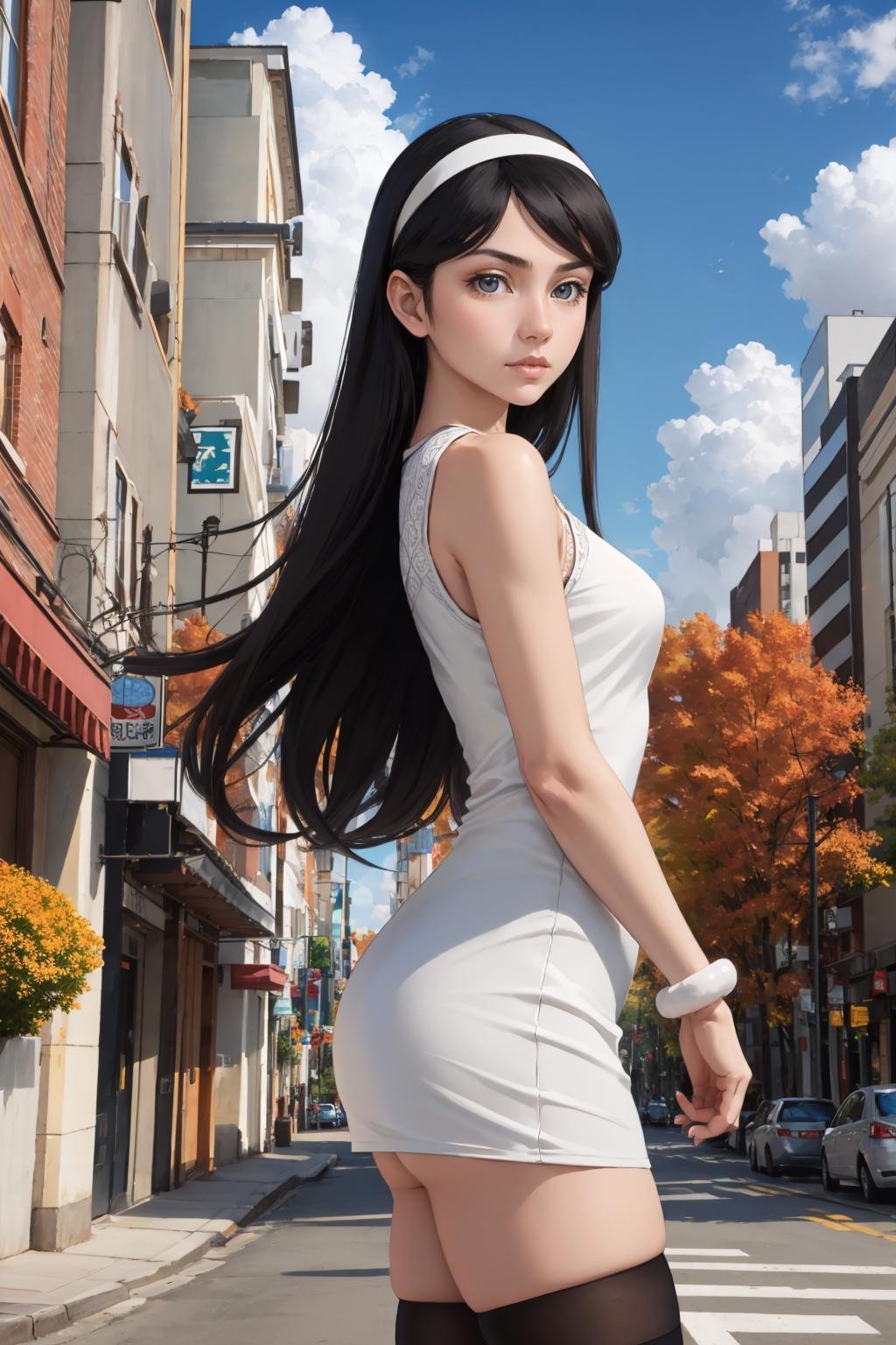 masterpiece, best quality,  <lora:kumashiromaya-nvwls-v1-000009:0.9> kumashiro maya, hairband, white dress, bracelet, black thighhighs, cowboy shot, standing, from side, sky, clouds, city street, autumn, looking at viewer