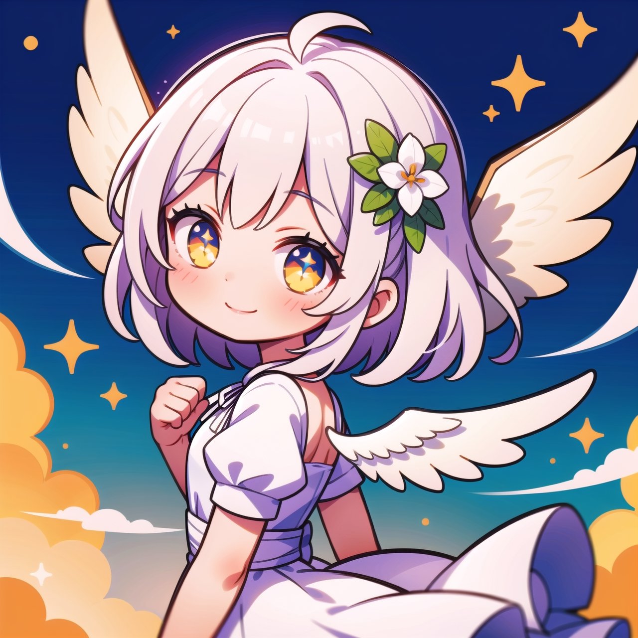 (masterpiece), 1girl, angel wings, medium hair, white hair, floating hair, (yellow eyes:0.8), sparkle, white dress, smile, hair flower