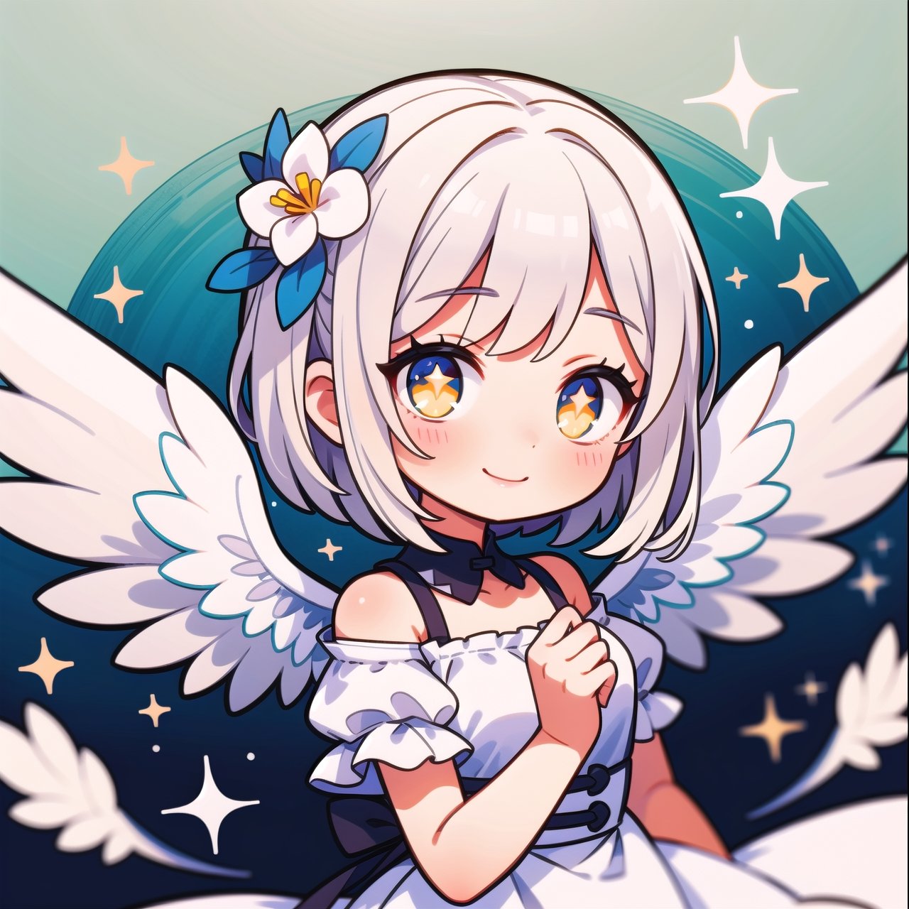 (masterpiece), 1girl, angel wings, medium hair, white hair, floating hair, (yellow eyes:0.8), sparkle, white dress, smile, hair flower