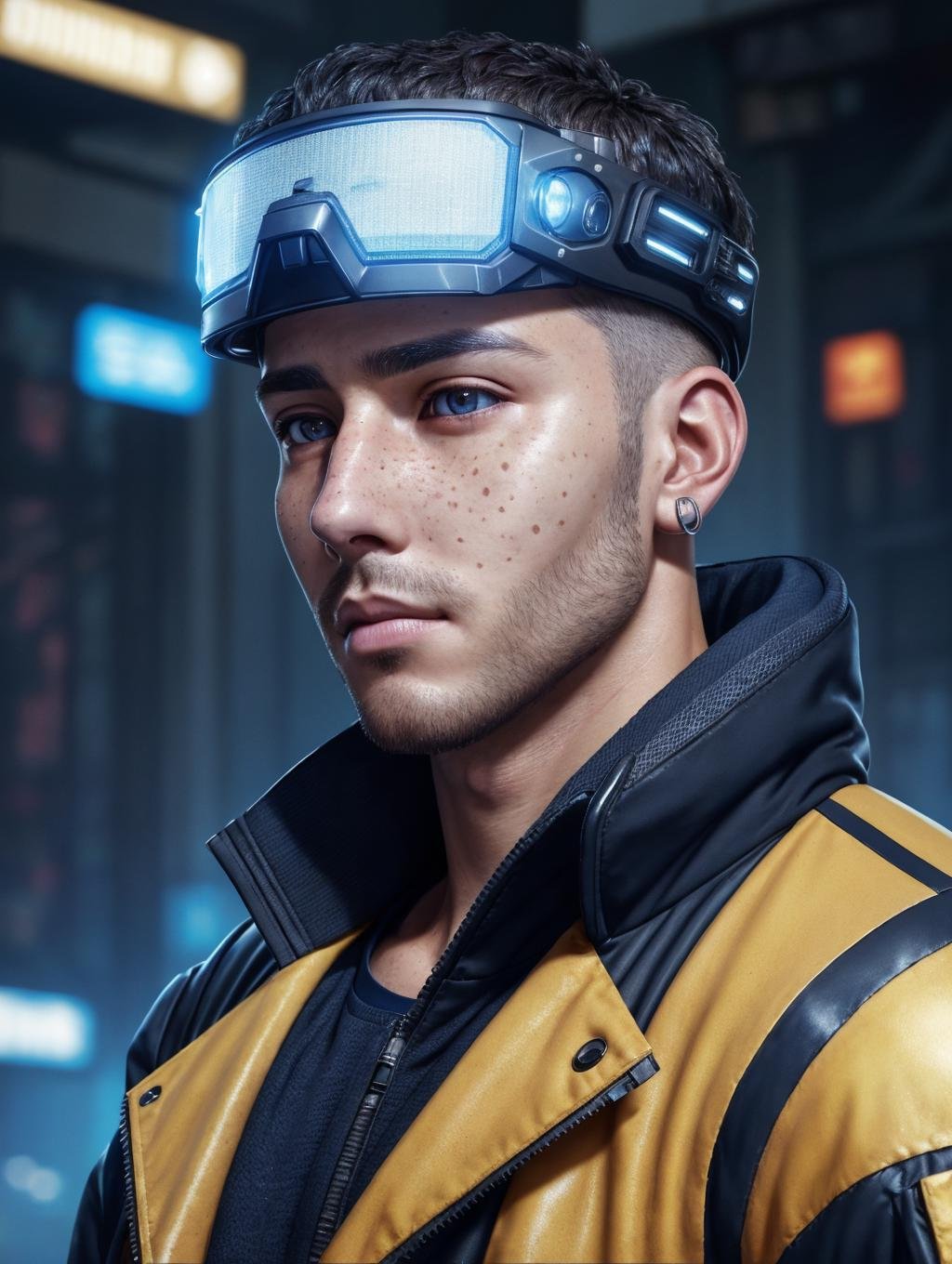 (GS-Masculine:1), (1boy), (front side view), close up shot, (looking away from viewer), Very detailed young handsome face, heroic, detailed realistic open eyes, (calm expression). (freckles), tan glowing skin, (cyberpunk style:1.1), piercings, neo cyberpunk city, plastic jacket, light ripped pants, robotic gloves, visors