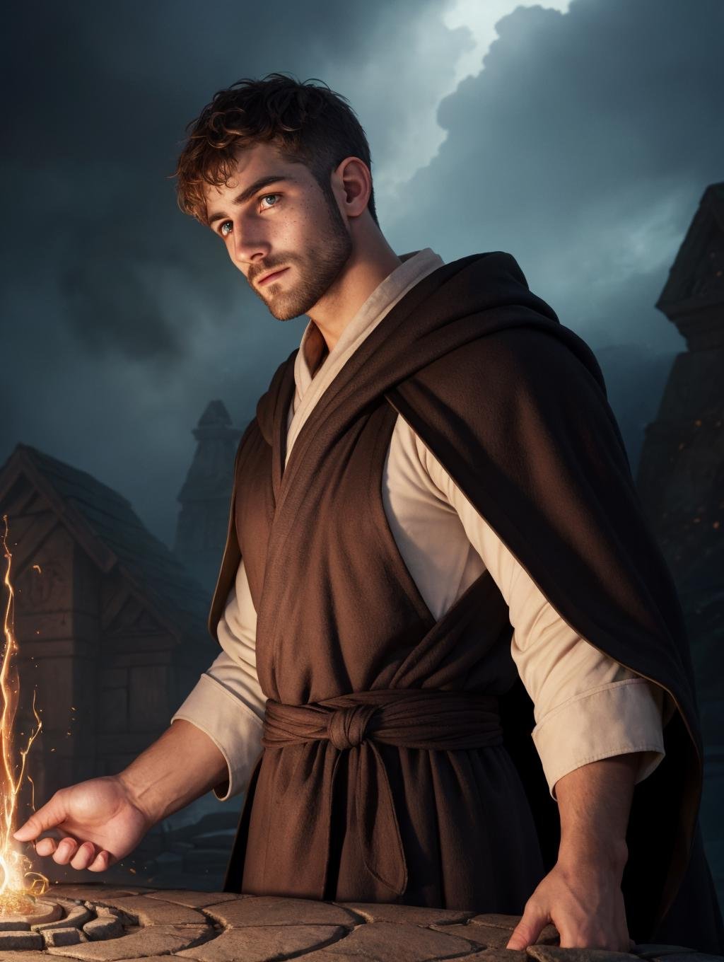 (GS-Masculine:1), (1boy), (front side view), close up shot, (looking at viewer), Very detailed young handsome face, heroic, detailed realistic open eyes, (intense expression). (freckles), tan glowing skin, arcane mage, summoning circle, dark intense atmosphere, detailed robe and cloak, talisman, messy hair, glowing rune glyphs, levitating hovering in the air, chaos and magic swirls in the air