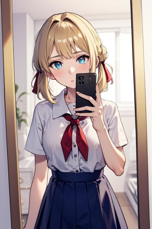 <lora:pose selfie mirror-000008:1> ,1girl, mirror, selfie, holding phone, school uniform, <lora:lite-1:1> ,blonde hair, hair ribbon, blue eyes, 