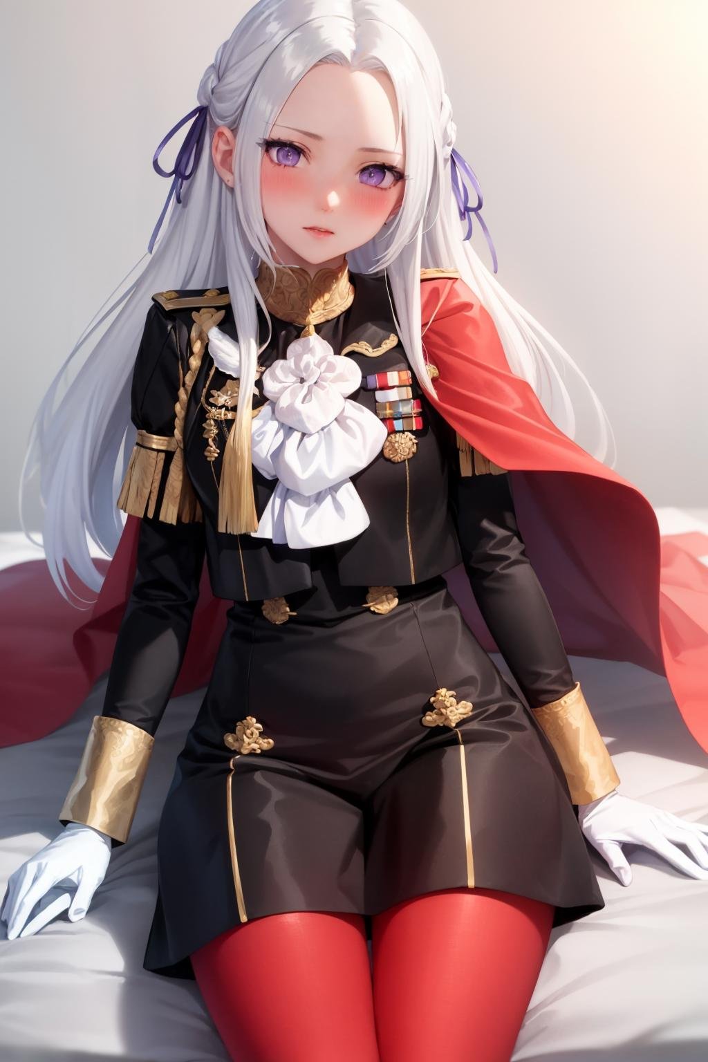 masterpiece, best quality, edelgard_academy, hair ribbon, red cape, black jacket, black dress, ascot, white gloves, red pantyhose, looking at viewer, blushing, purple eyes <lora:edelgard-nvwls-v2-000012:0.9>