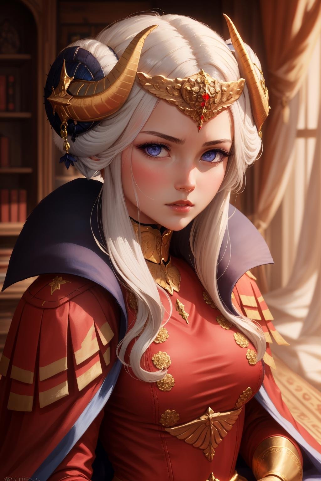 masterpiece, best quality, edelgard_timeskip, crown, horns, red dress, red gloves, upper body, portrait, looking at viewer, furrowed brow, decorated room <lora:edelgard-nvwls-v2-000012:1.0>