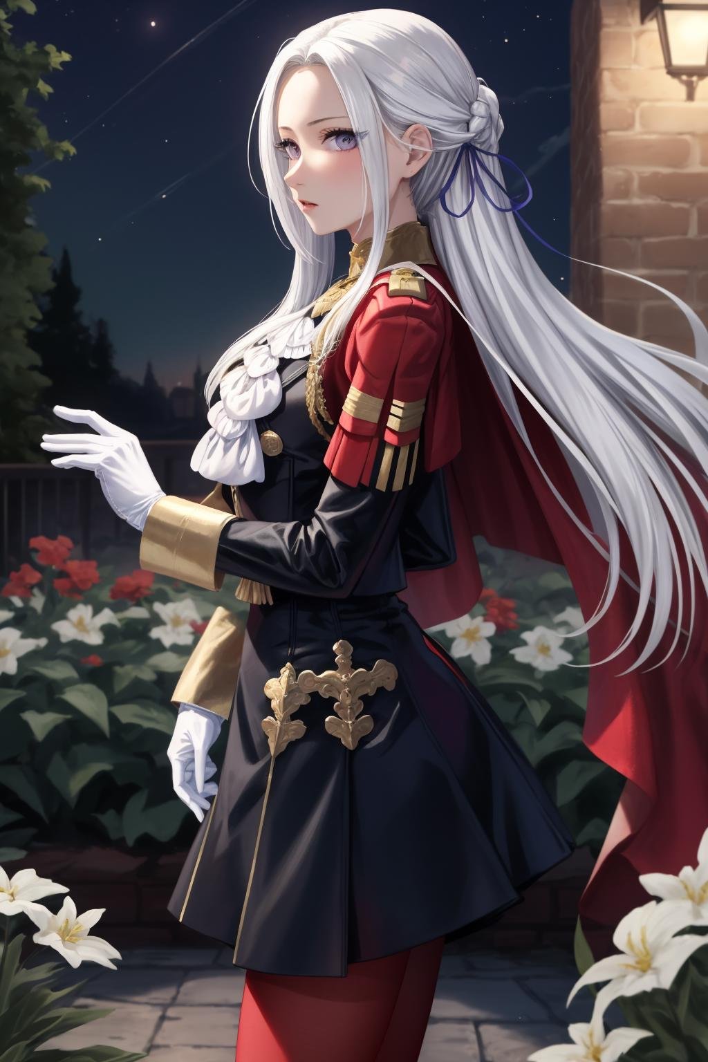 masterpiece, best quality, edelgard_academy, hair ribbon, red cape, black jacket, black dress, ascot, white gloves, red pantyhose, cowboy shot, from side, looking at viewer, night, garden, surprised <lora:edelgard-nvwls-v2-000012:0.9>